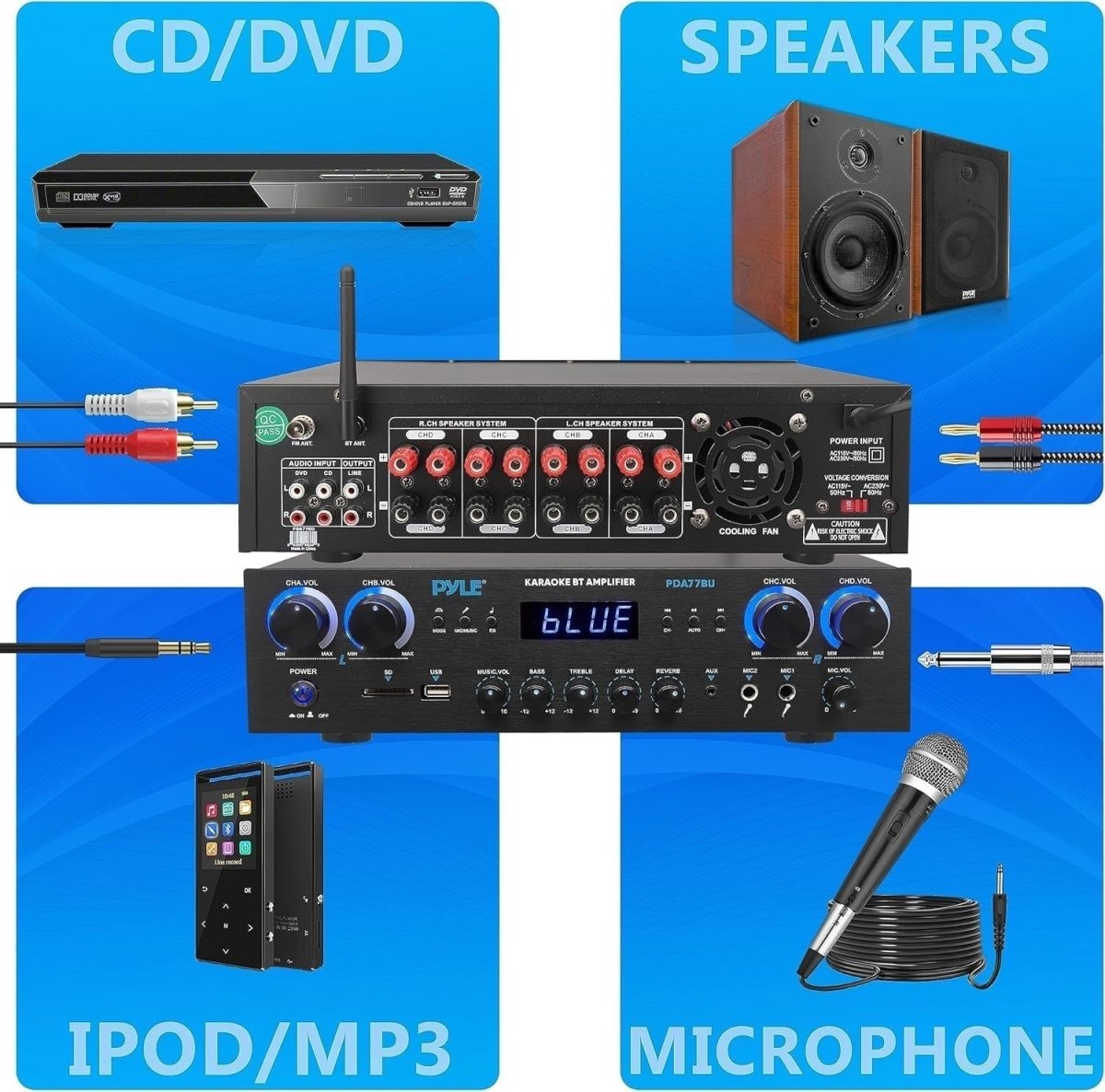 800W Bluetooth Amplifier 4 Channel HiFi Receiver FM Karaoke UK - Kwikley
