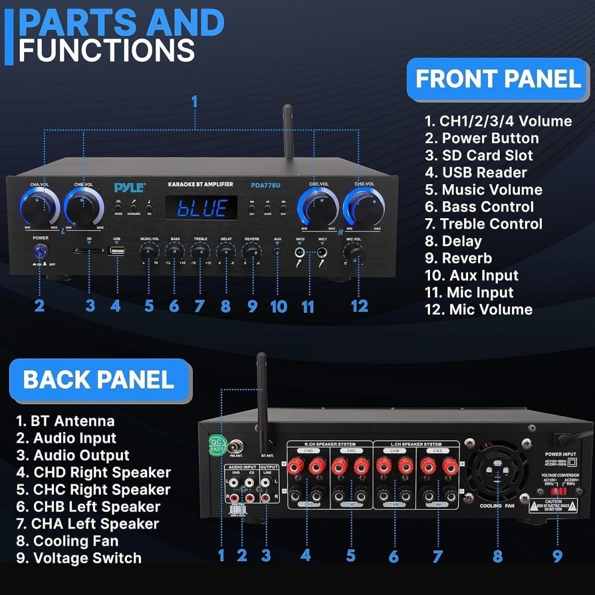 800W Bluetooth Amplifier 4 Channel HiFi Receiver FM Karaoke UK - Kwikley