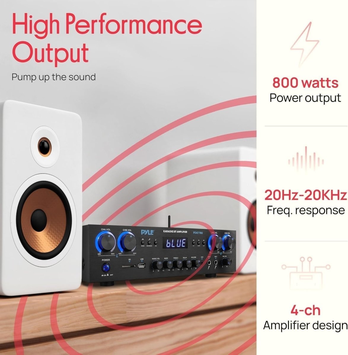 800W Bluetooth Stereo Amplifier 4 Channel Receiver USB FM Karaoke - Kwikley