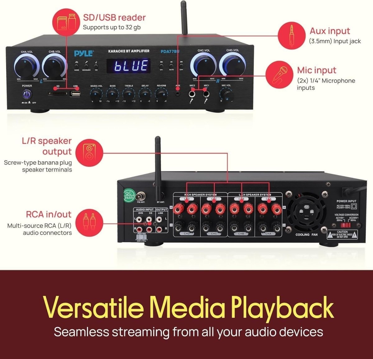 800W Bluetooth Stereo Amplifier 4 Channel Receiver USB FM Karaoke - Kwikley
