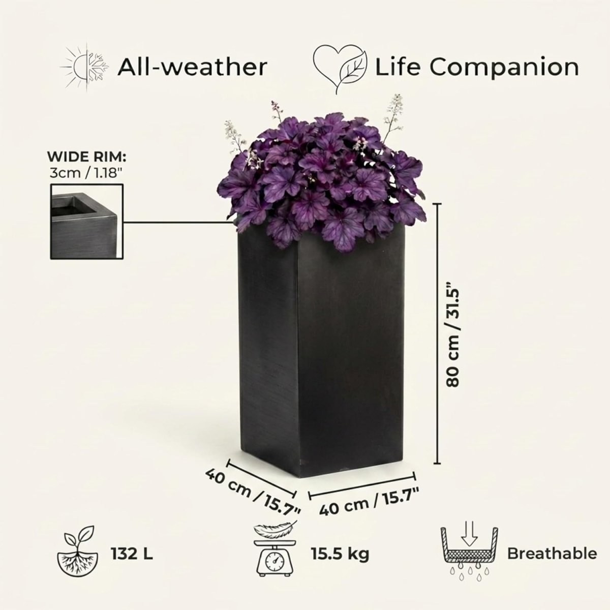 80cm Tall Square Planter Black Fiberstone Large Outdoor Plant Pot - Kwikley
