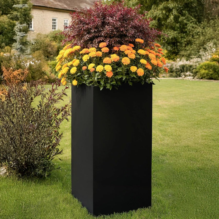 80cm Tall Square Planter Black Fiberstone Large Outdoor Plant Pot - Kwikley