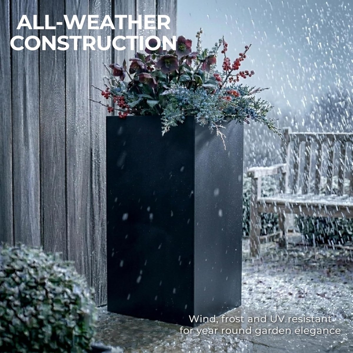 80cm Tall Square Planter Black Fiberstone Large Outdoor Plant Pot - Kwikley