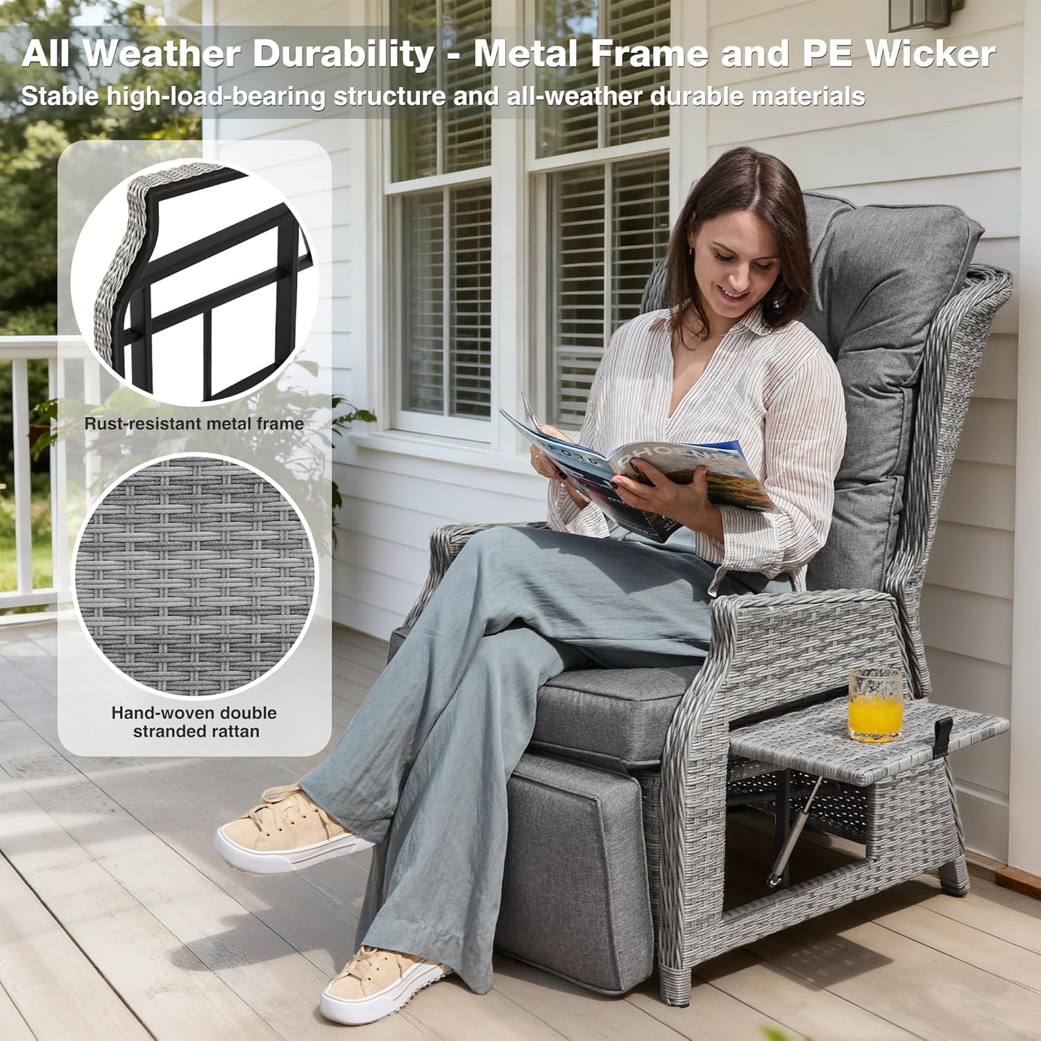 2 Piece Rattan Reclining Sun Lounger Set Table Grey