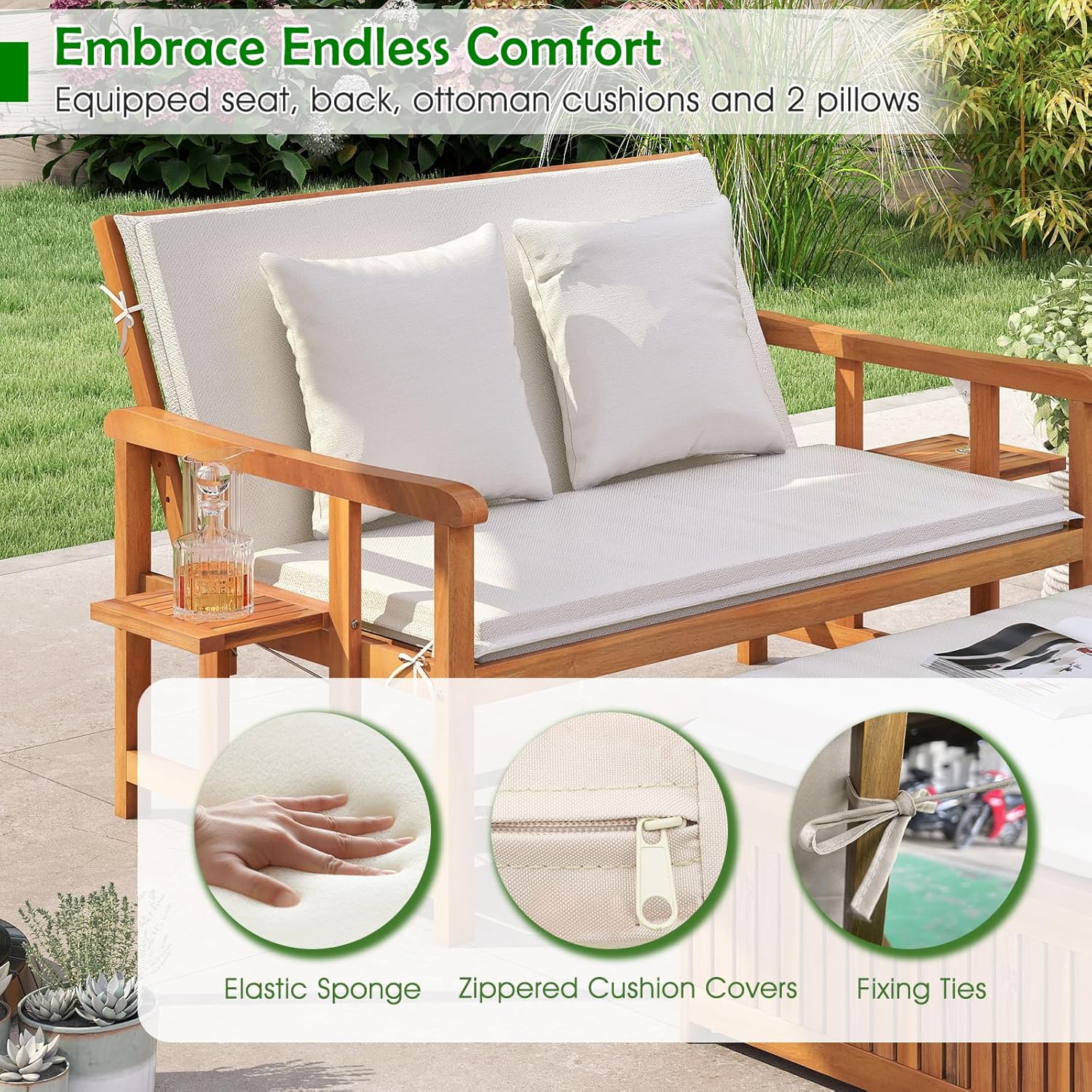 Acacia Wood Garden Daybed Double Lounger Storage Ottoman