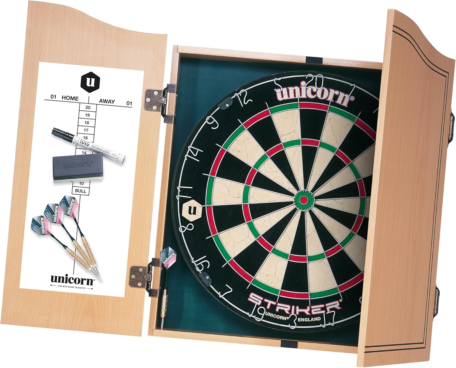 Dart Board Cabinet Set Wood Scoreboard 2 Darts Bristle Board