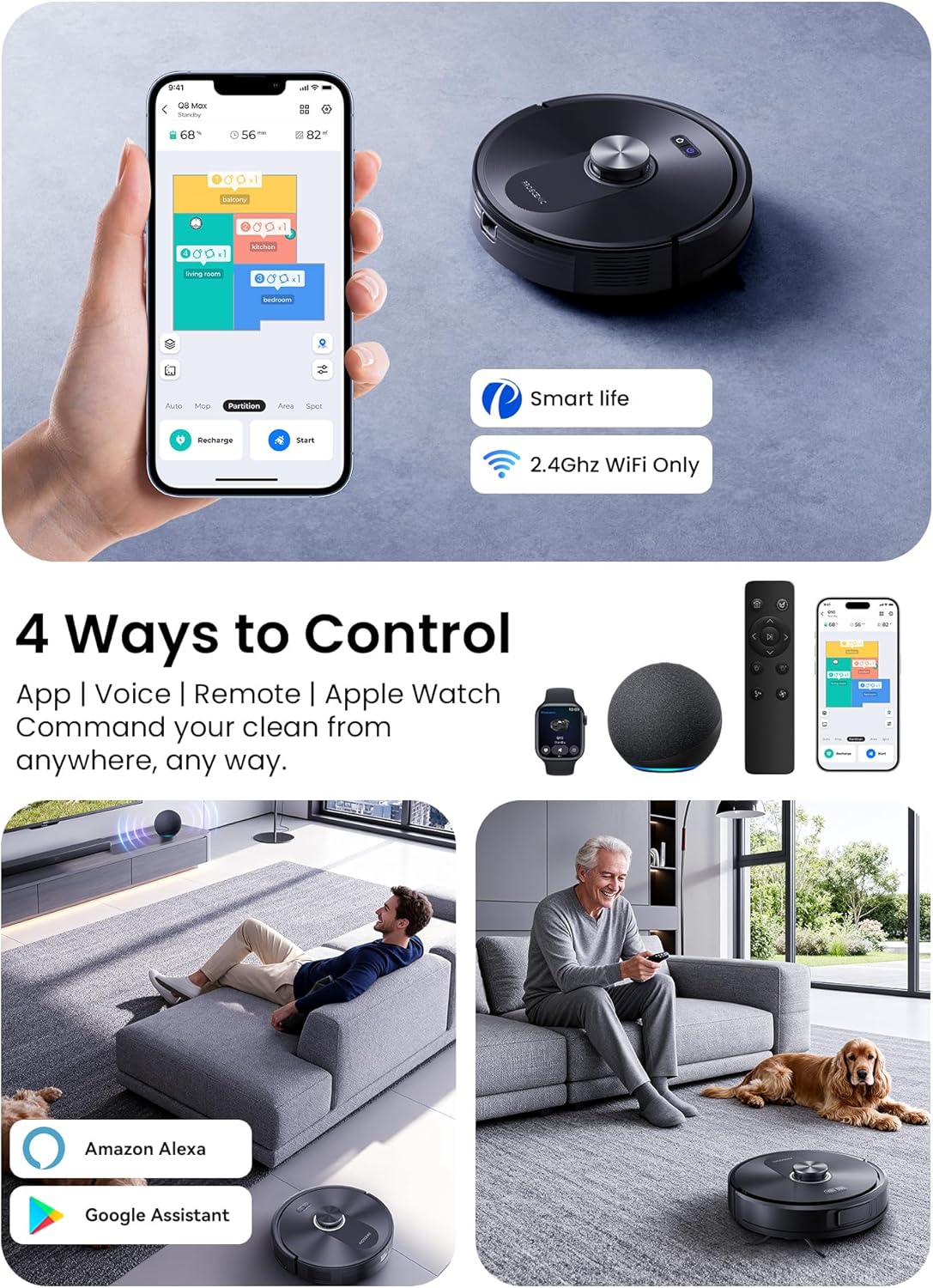 Robot Vacuum Mop 8000Pa LiDAR Mapping App Voice Control 200Min