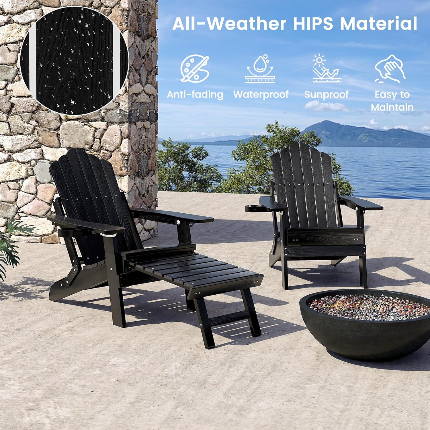 Adirondack Garden Lounge Chair Adjustable Footrest Black