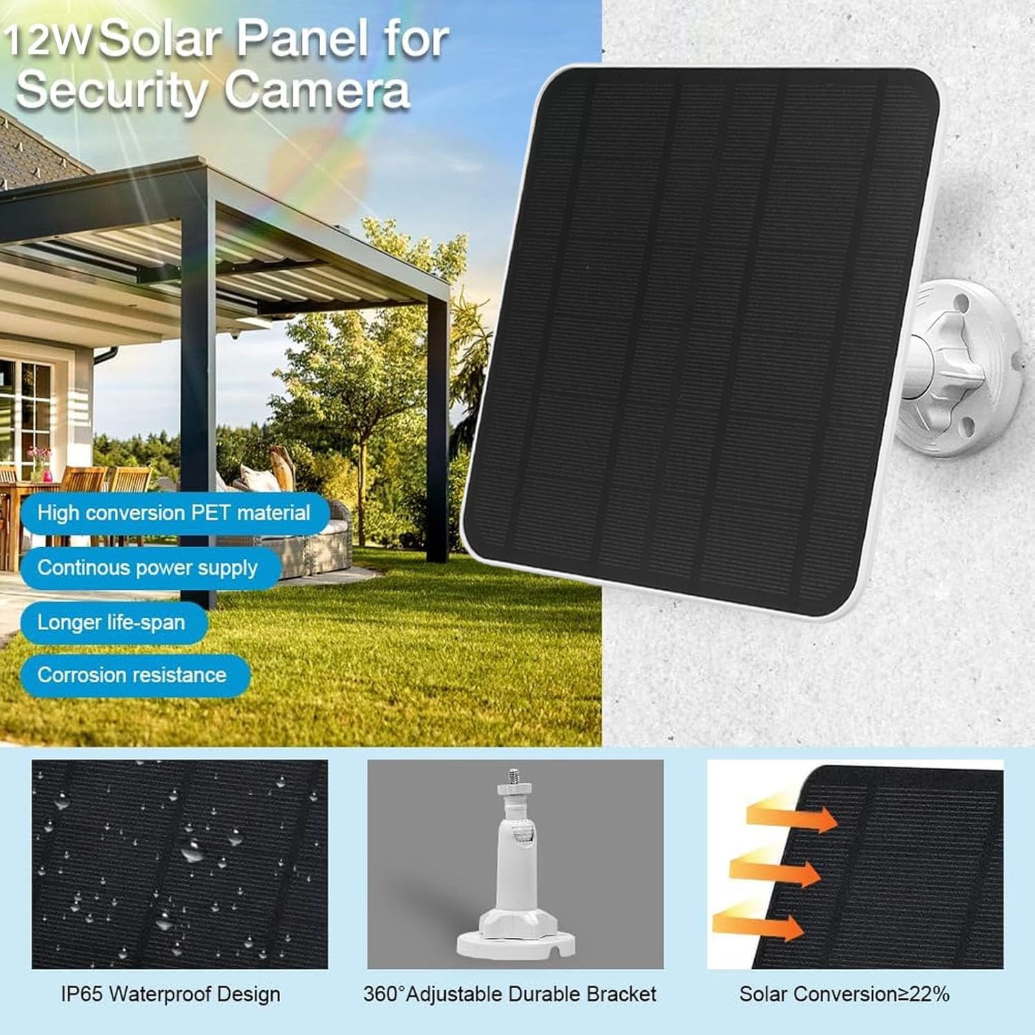 2 Pack 12W Solar Panels for Ring Camera IP65 9.8ft Cable