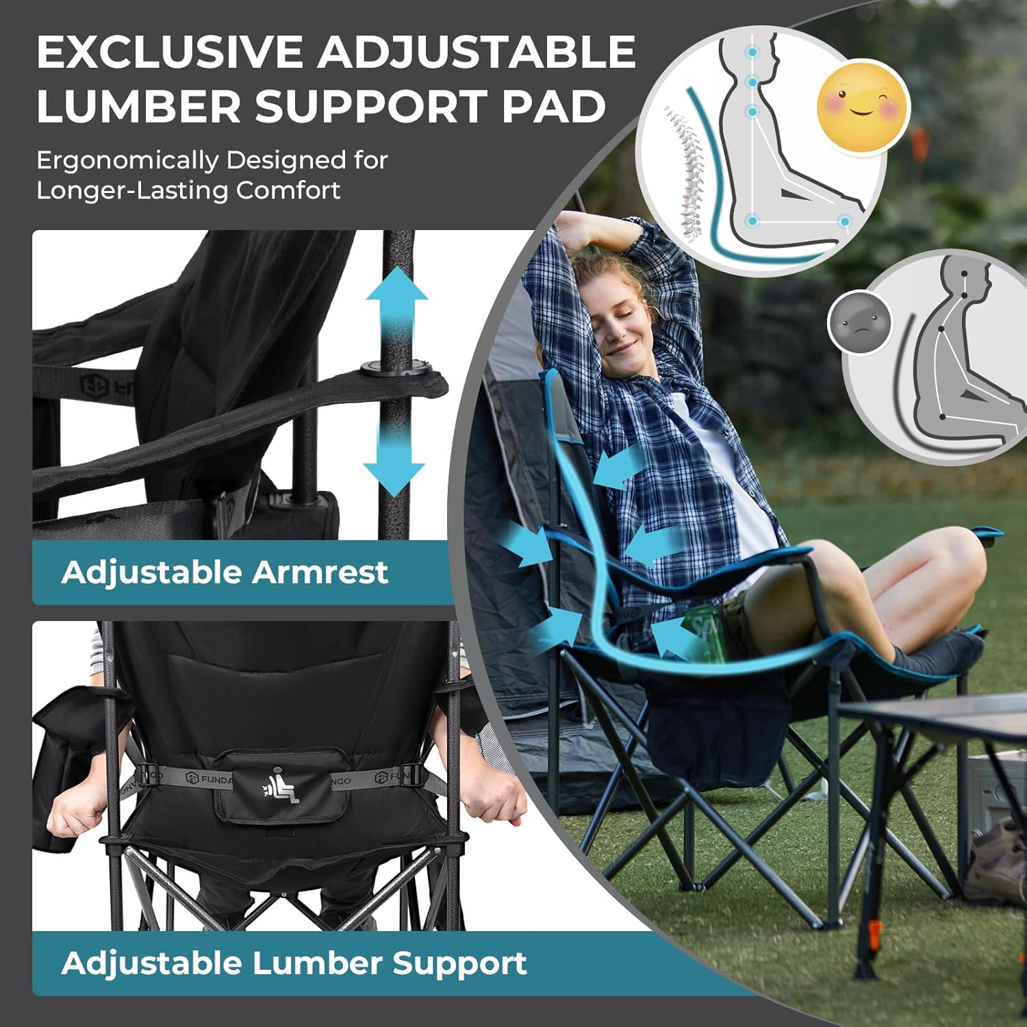 Oversized Camping Chair with Cooler and Lumbar Support Black