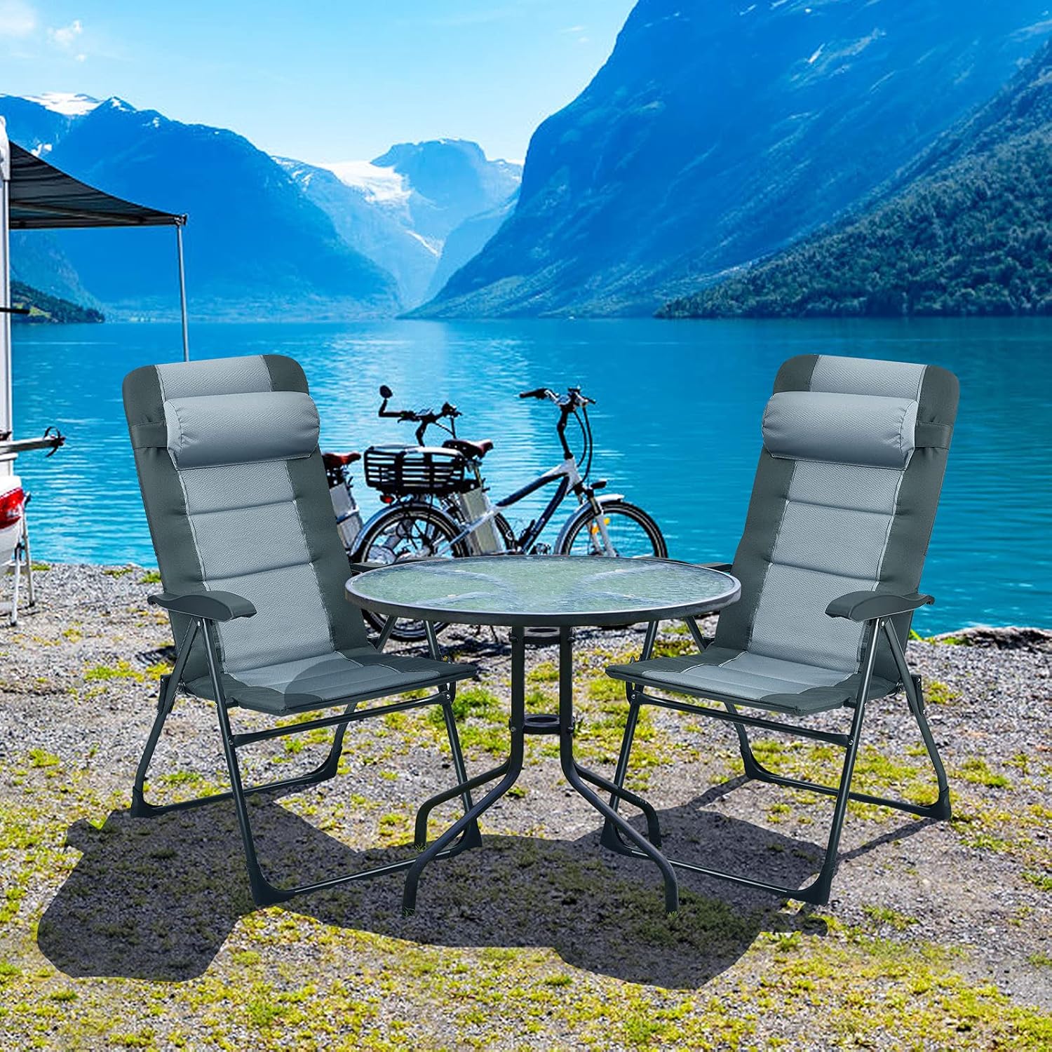 Set of 2 Reclining Camping Chairs with Footrests