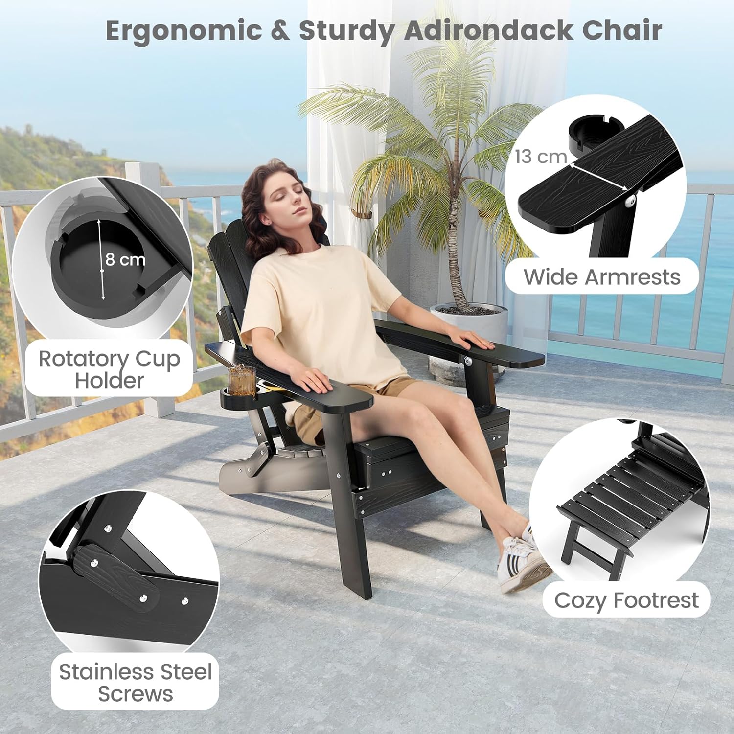 Adirondack Garden Lounge Chair Adjustable Footrest Black