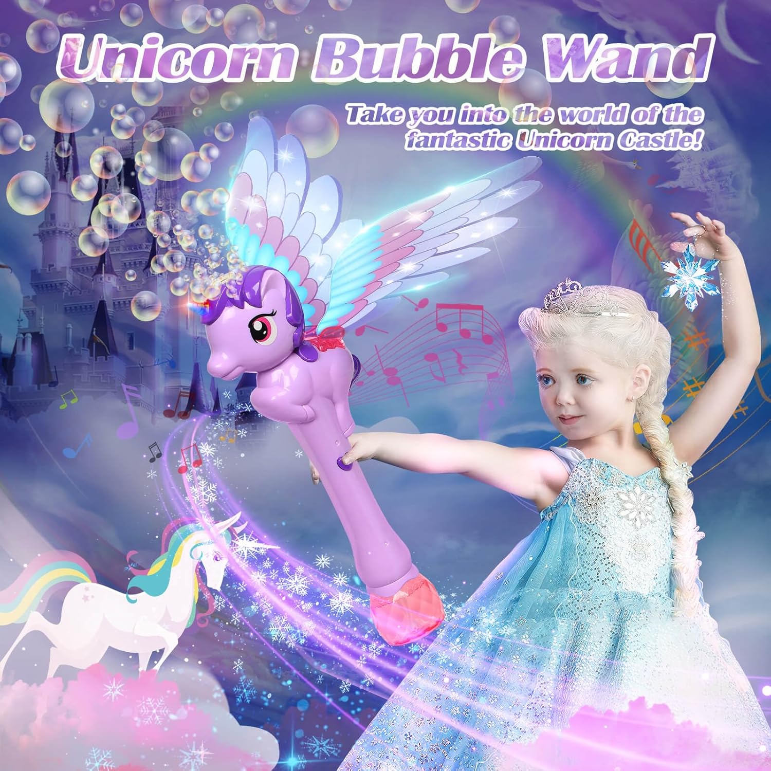 Unicorn Bubble Wand LED Wings Girls Party Outdoor Toy