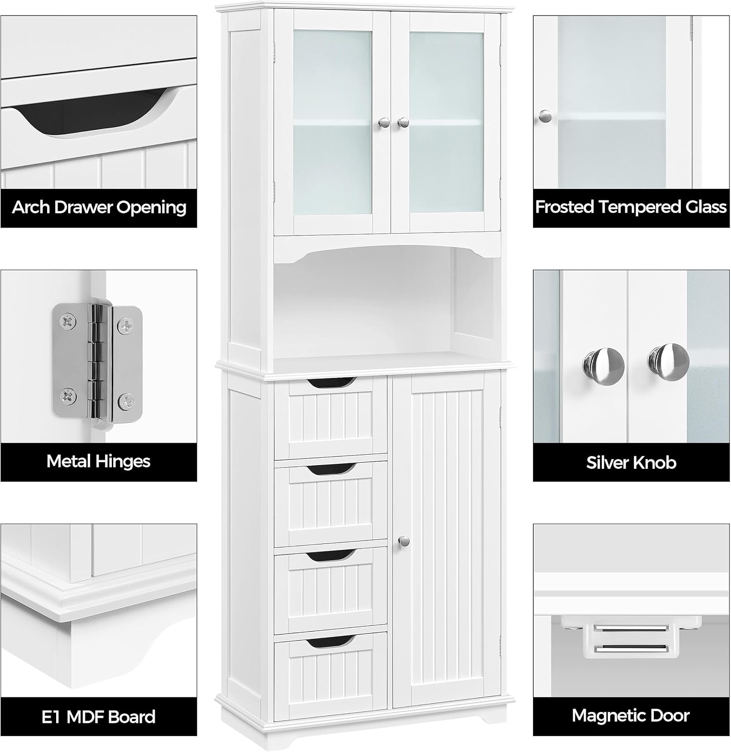 Tall Bathroom Storage Cabinet 4 Drawers Glass Doors White Unit