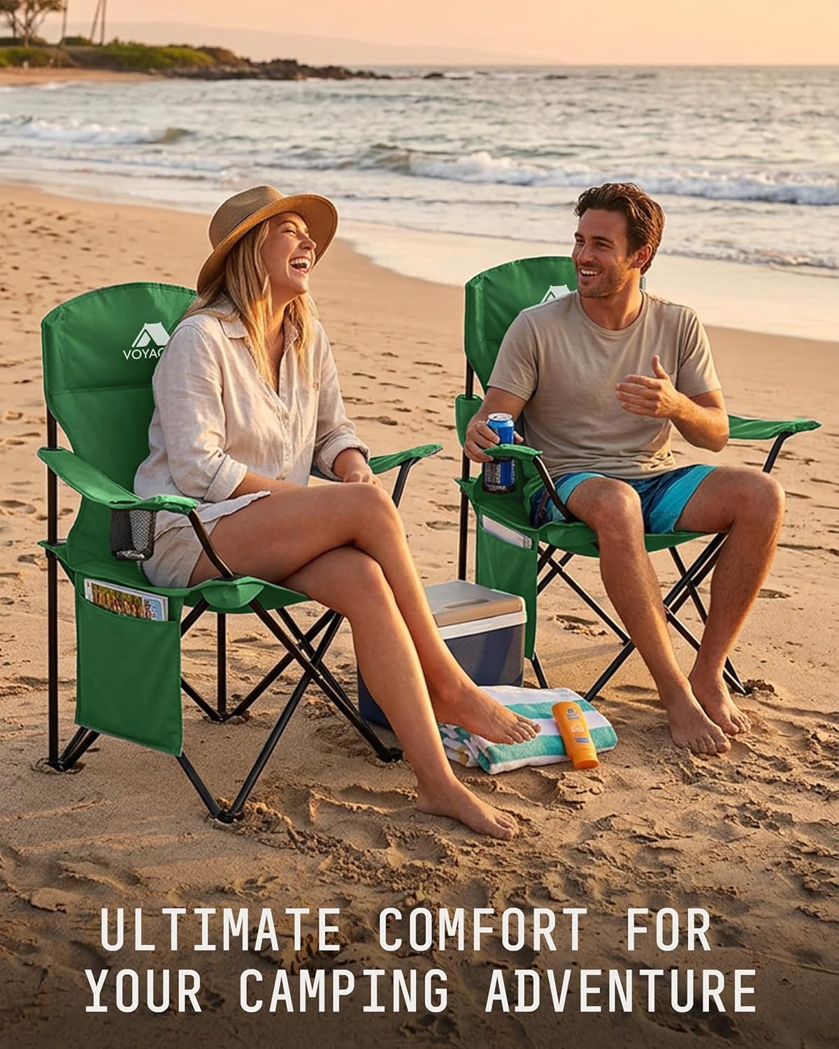 Folding Camping Chair 2 Pack Pocket Cup Holder Green