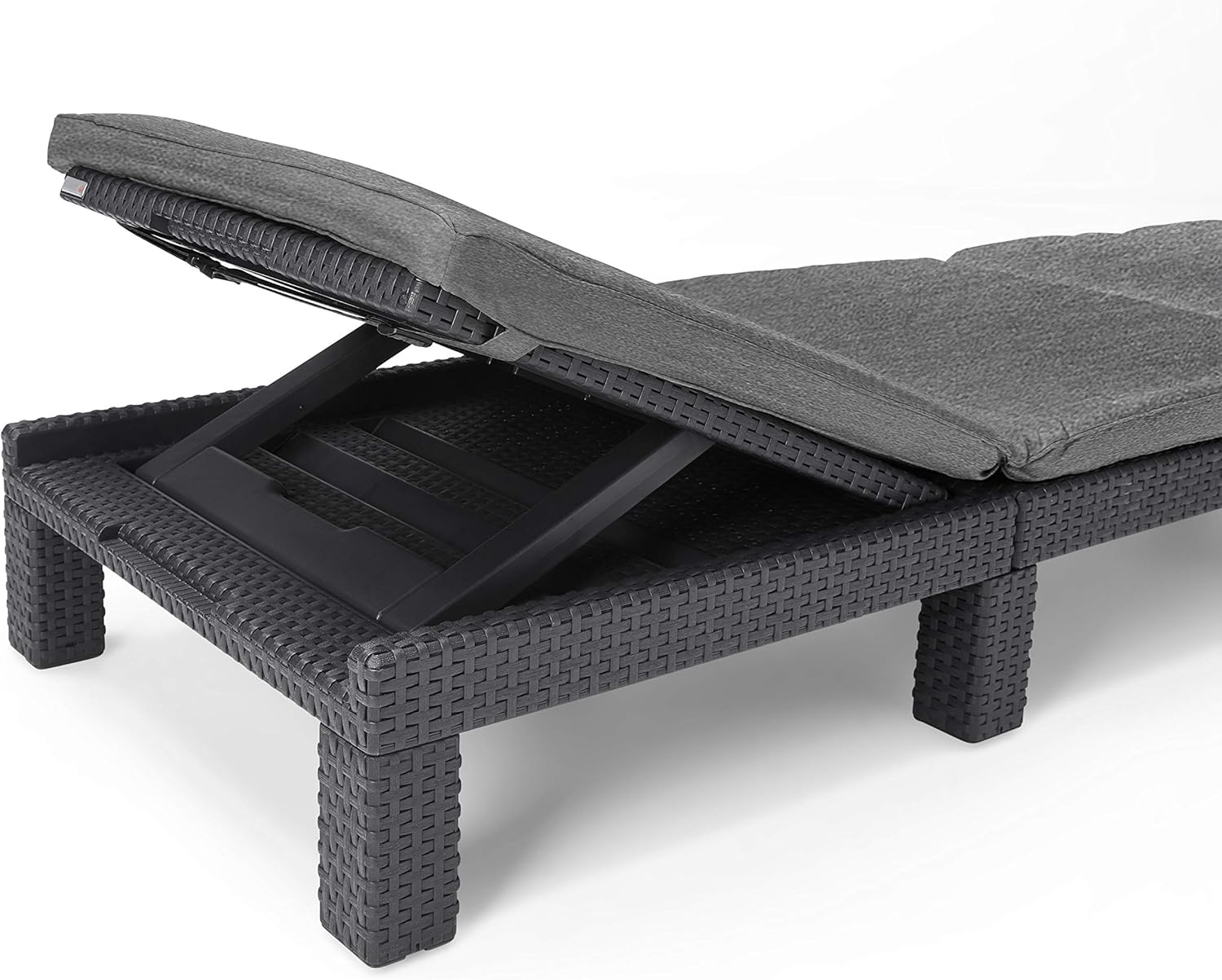 Rattan Effect Sun Lounger Adjustable Headrest Cushion Grey