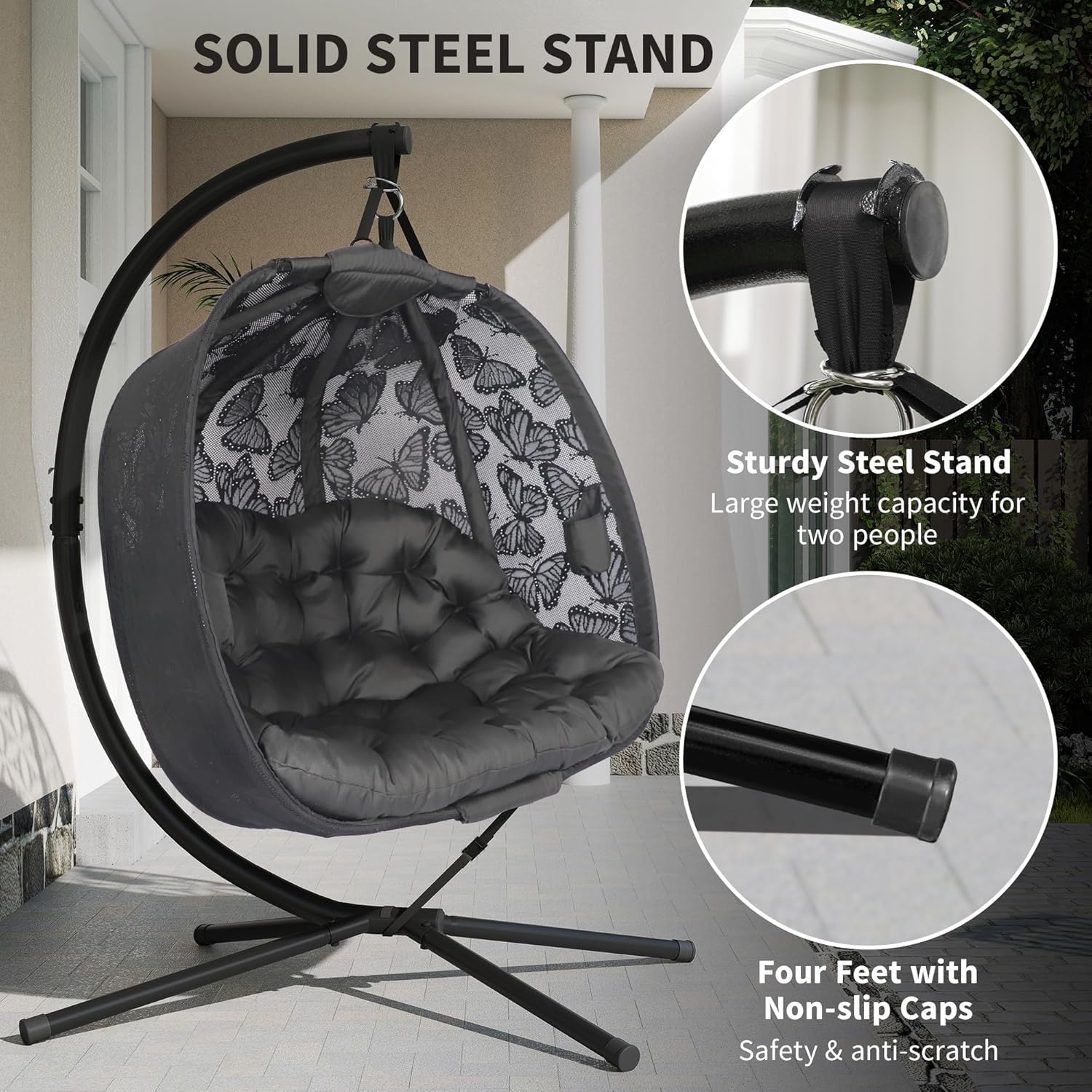 Double Hanging Egg Chair with Stand 2 Seater Plush Cushion Black