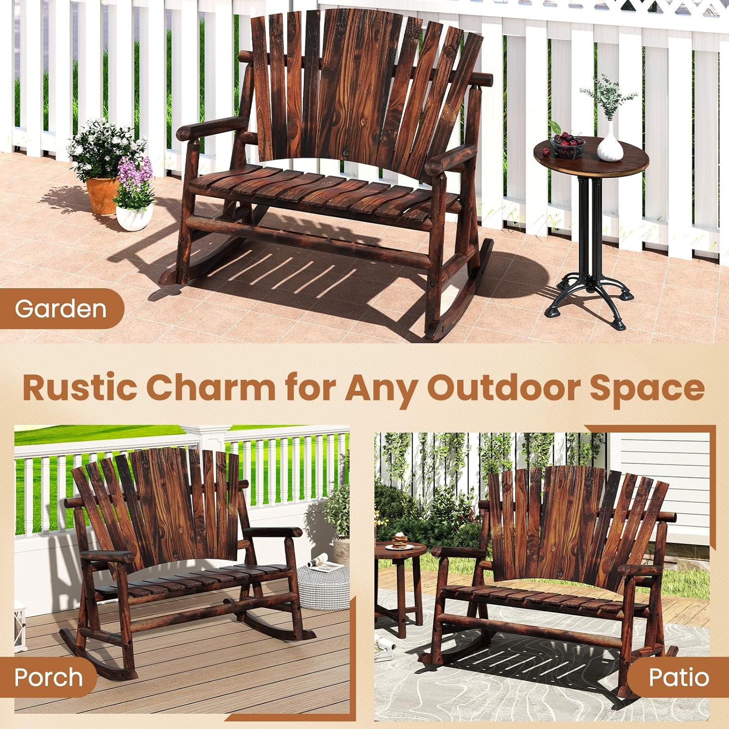 2 Person Wooden Adirondack Rocking Bench Patio Porch Chair