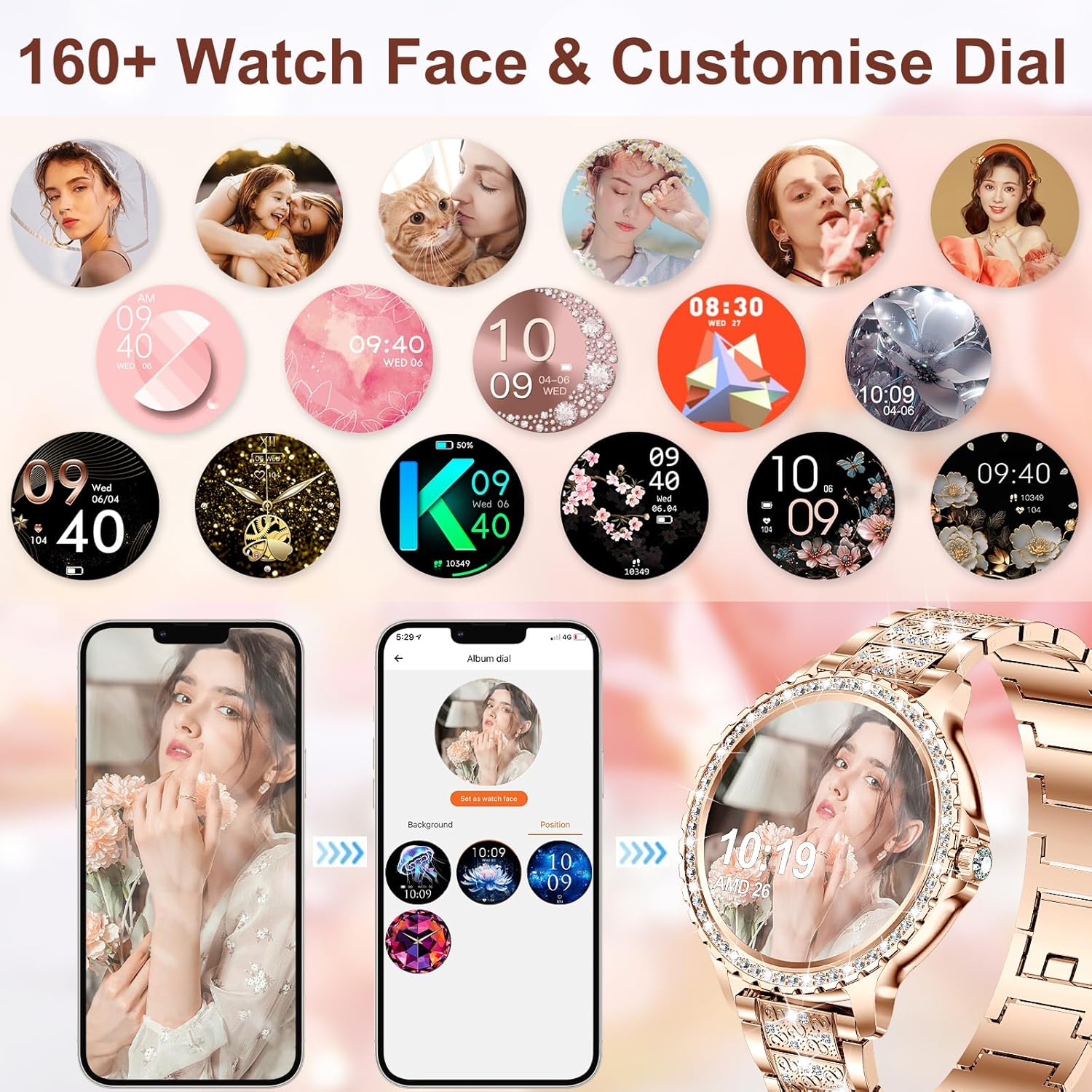 Diamond Womens Smart Watch Bluetooth Call 3 Straps Bling
