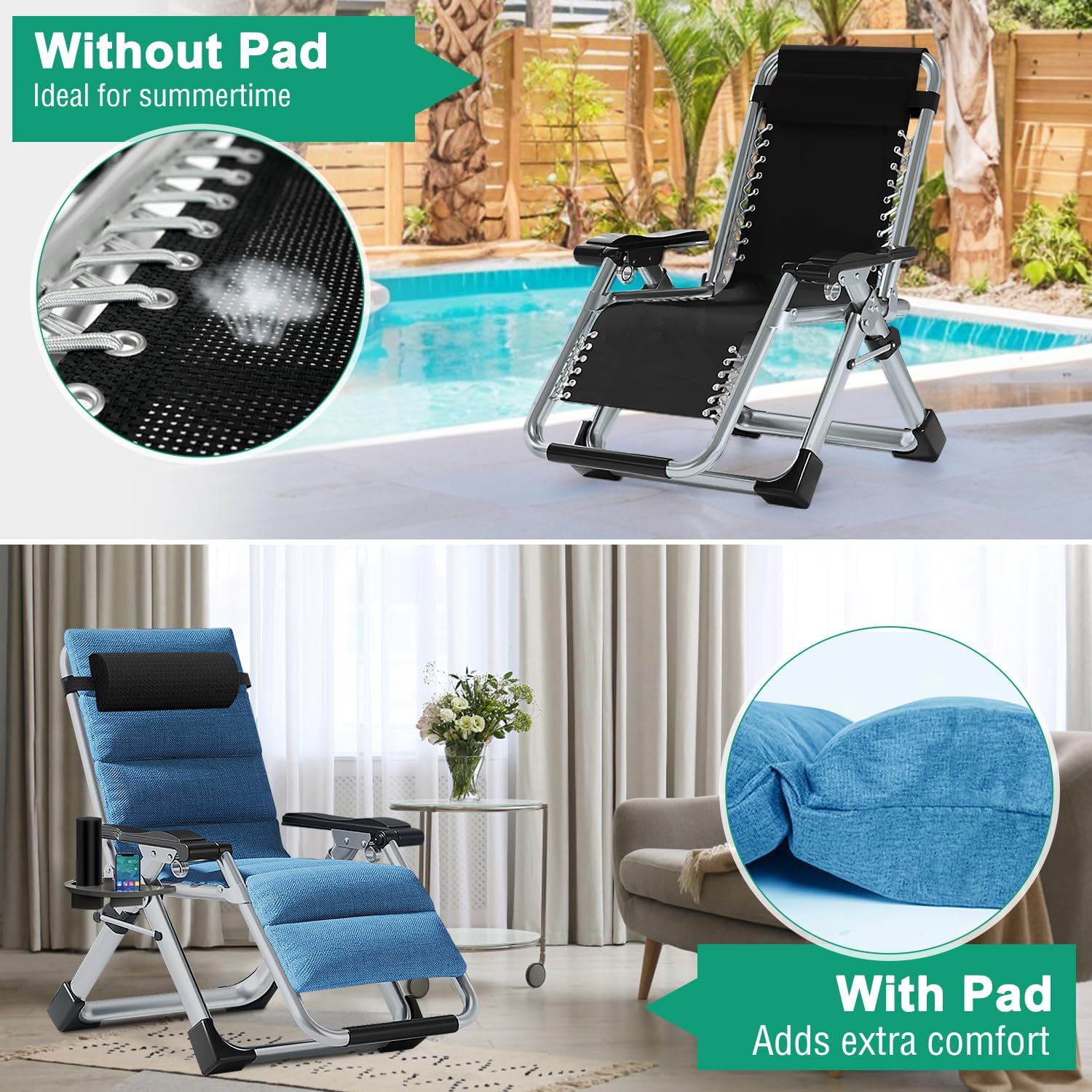 Folding Zero Gravity Garden Recliner Chair 200kg Blue