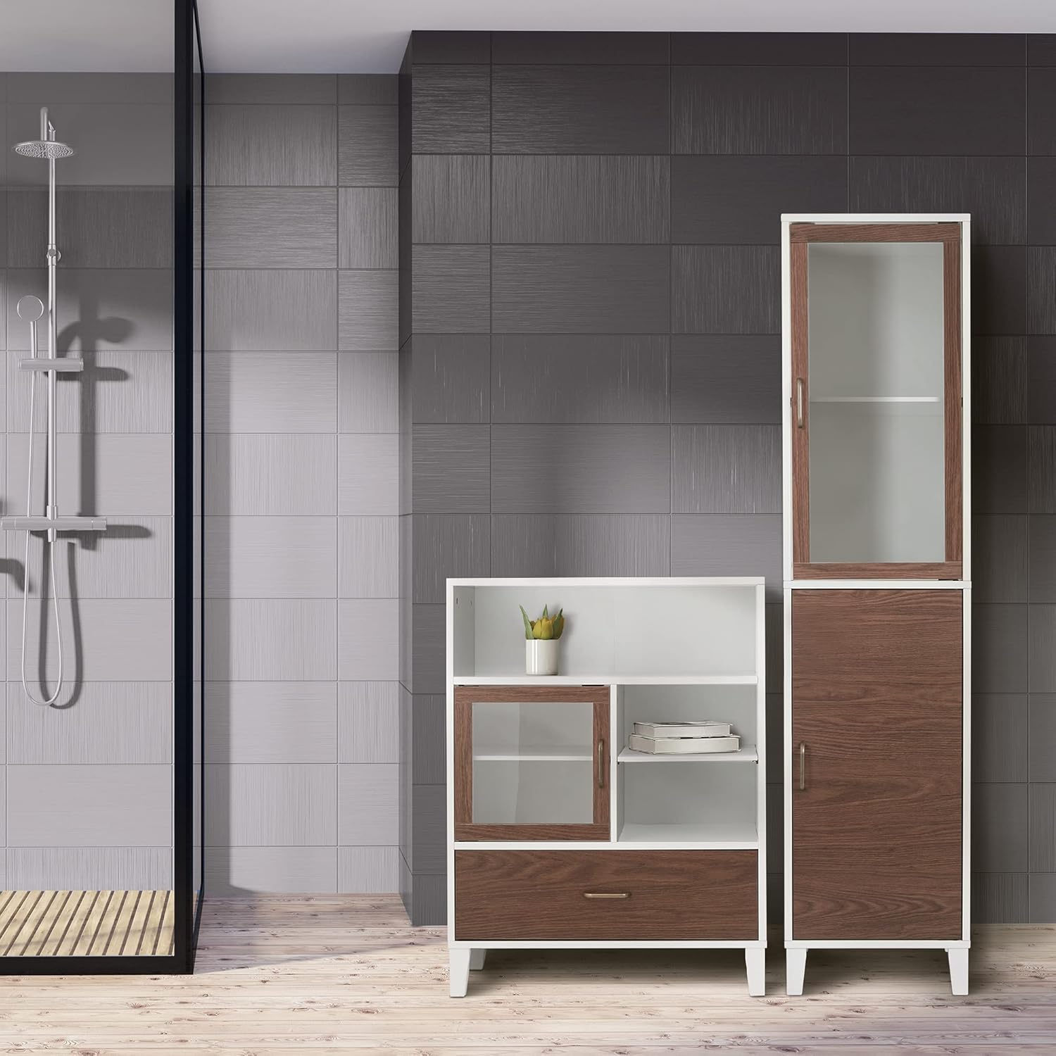 Tall Bathroom Linen Tower Cabinet Glass Door Shelf White Brown