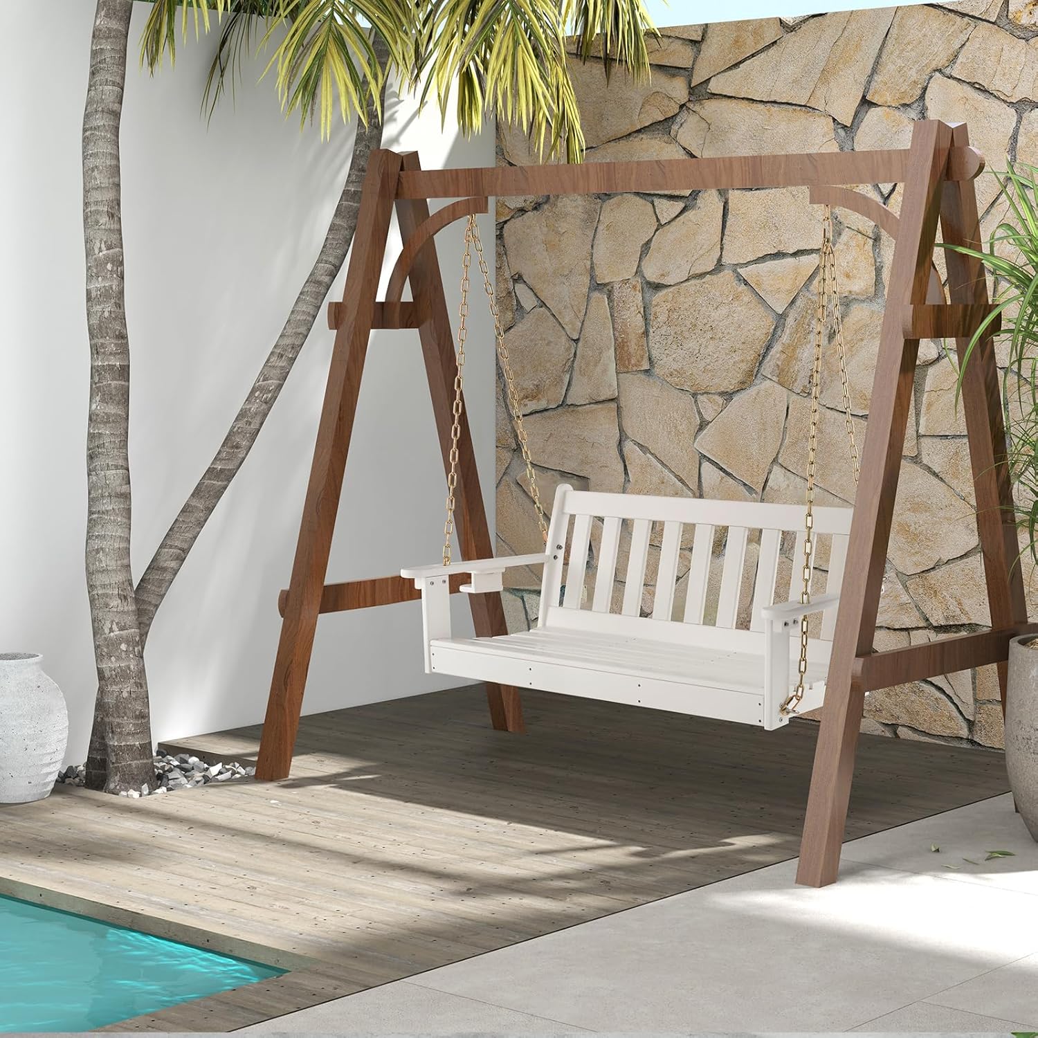 2 Seater Garden Swing Bench White Cup Holder Chains