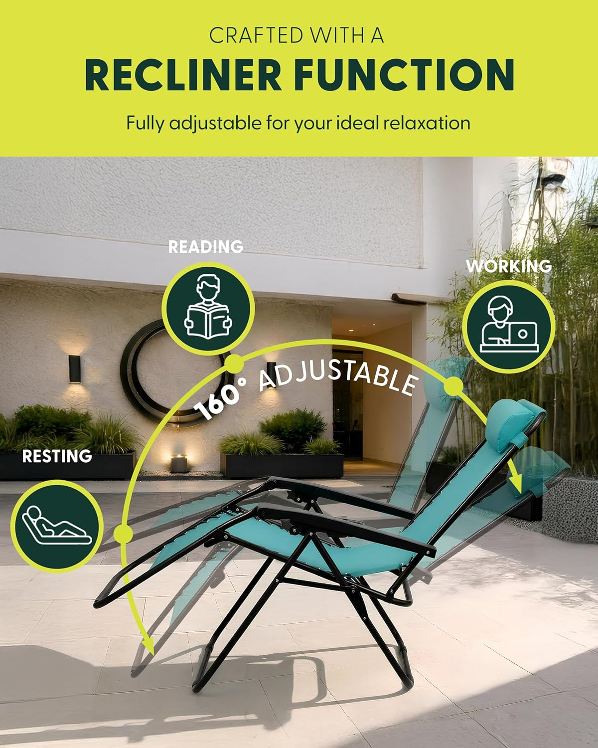Set of 2 Zero Gravity Recliner Chairs Teal 160 Degree