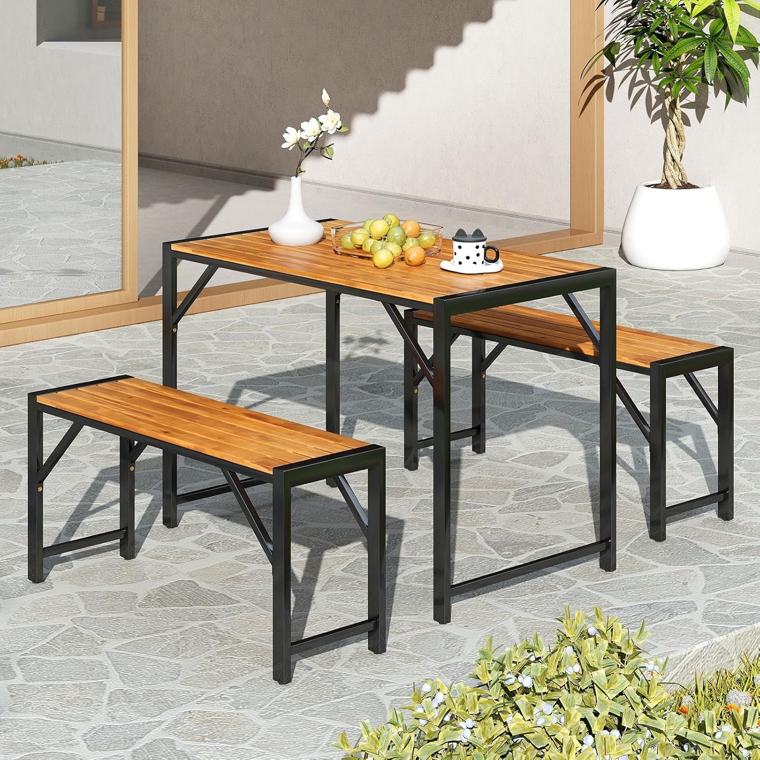 3 Piece Wooden Garden Dining Set Table & 2 Benches Patio Furniture