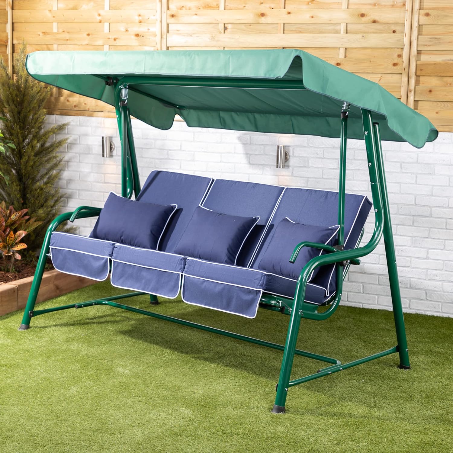 3 Seater Reclining Garden Swing Seat Blue Canopy