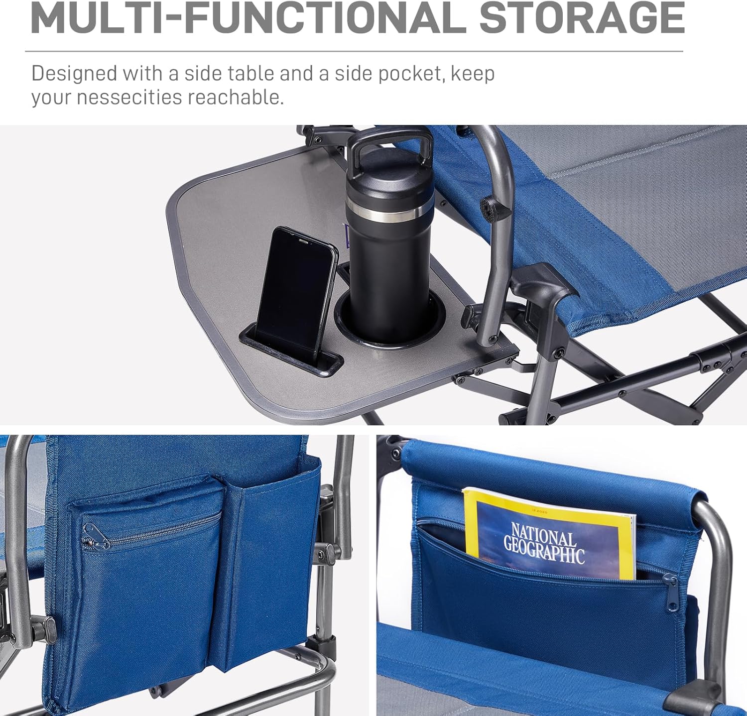 Heavy Duty Folding Directors Chair 180kg Side Table Blue