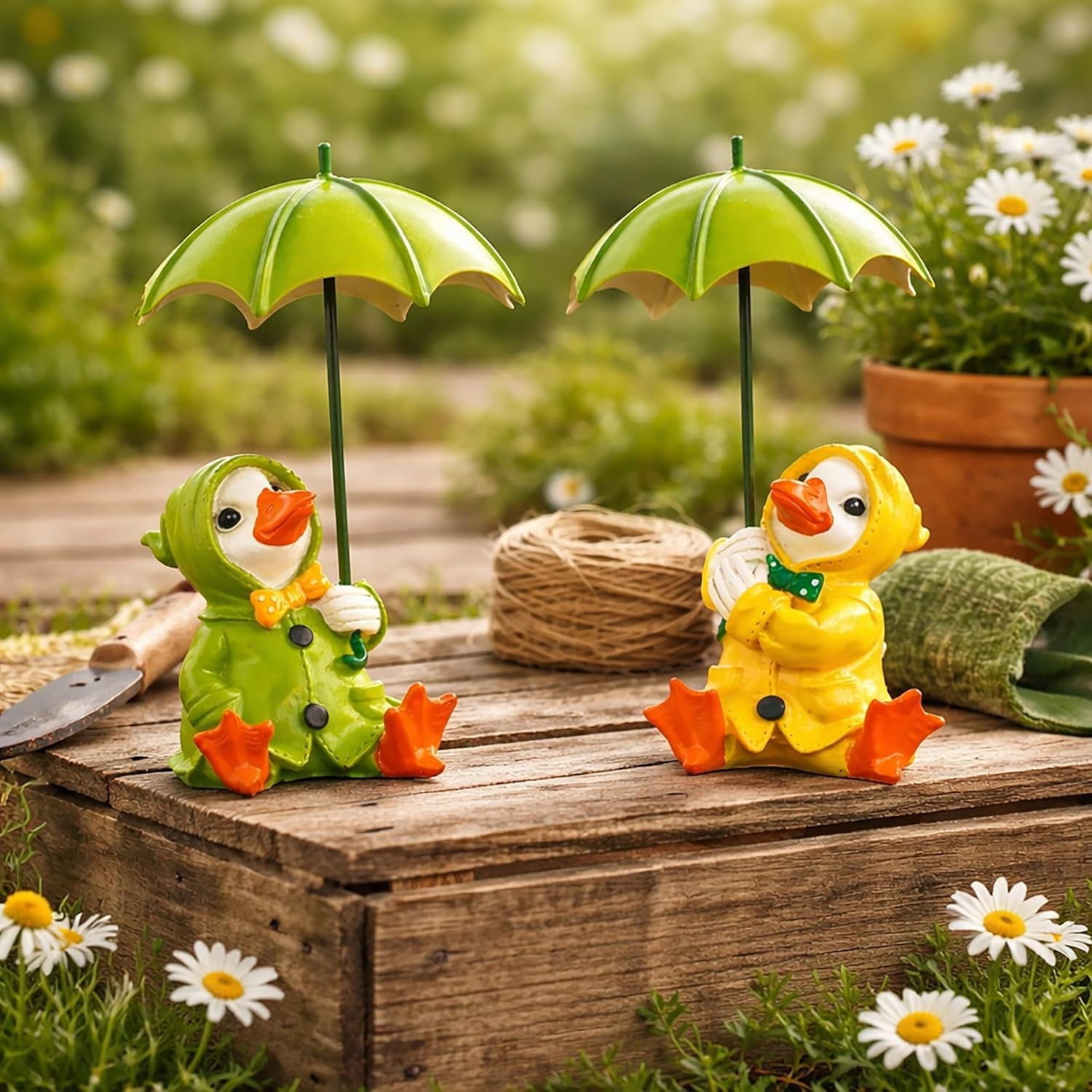 Duck Garden Ornaments Set 2 Resin Sitting Ducks Umbrella Decor