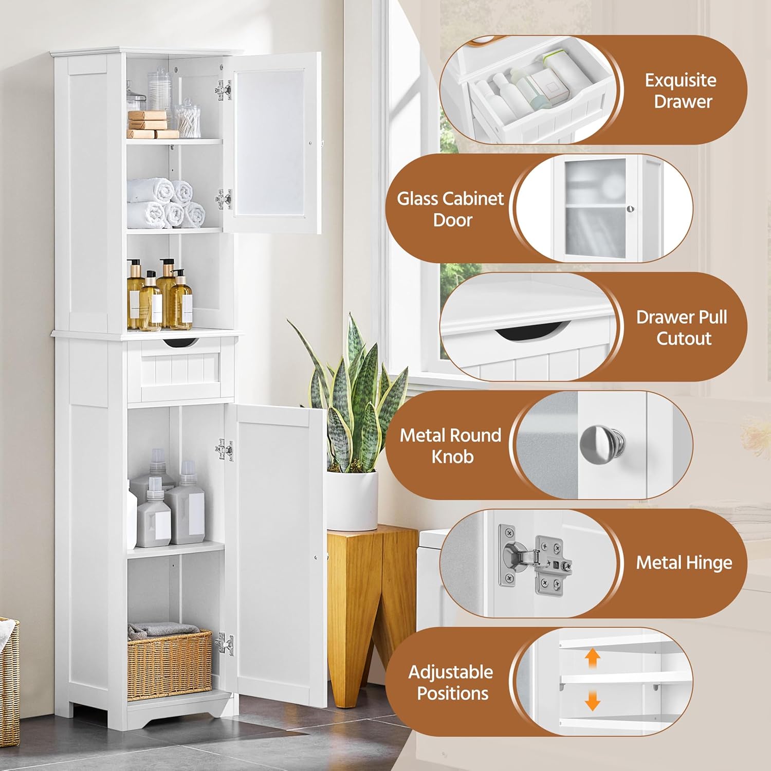 Tall Bathroom Storage Cabinet Glass Door Drawer Shelf