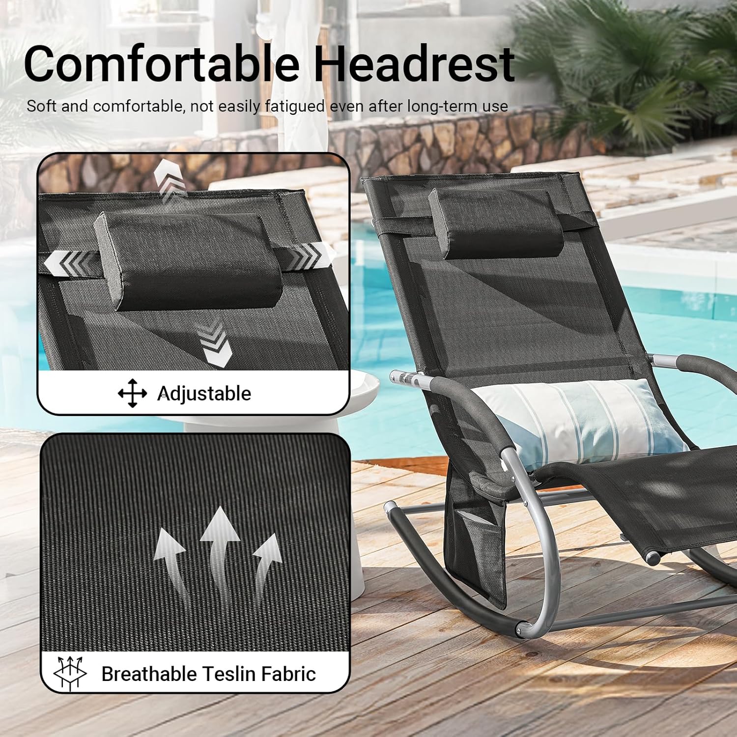 Outdoor Rocking Recliner Chair with Pillow Pocket Black