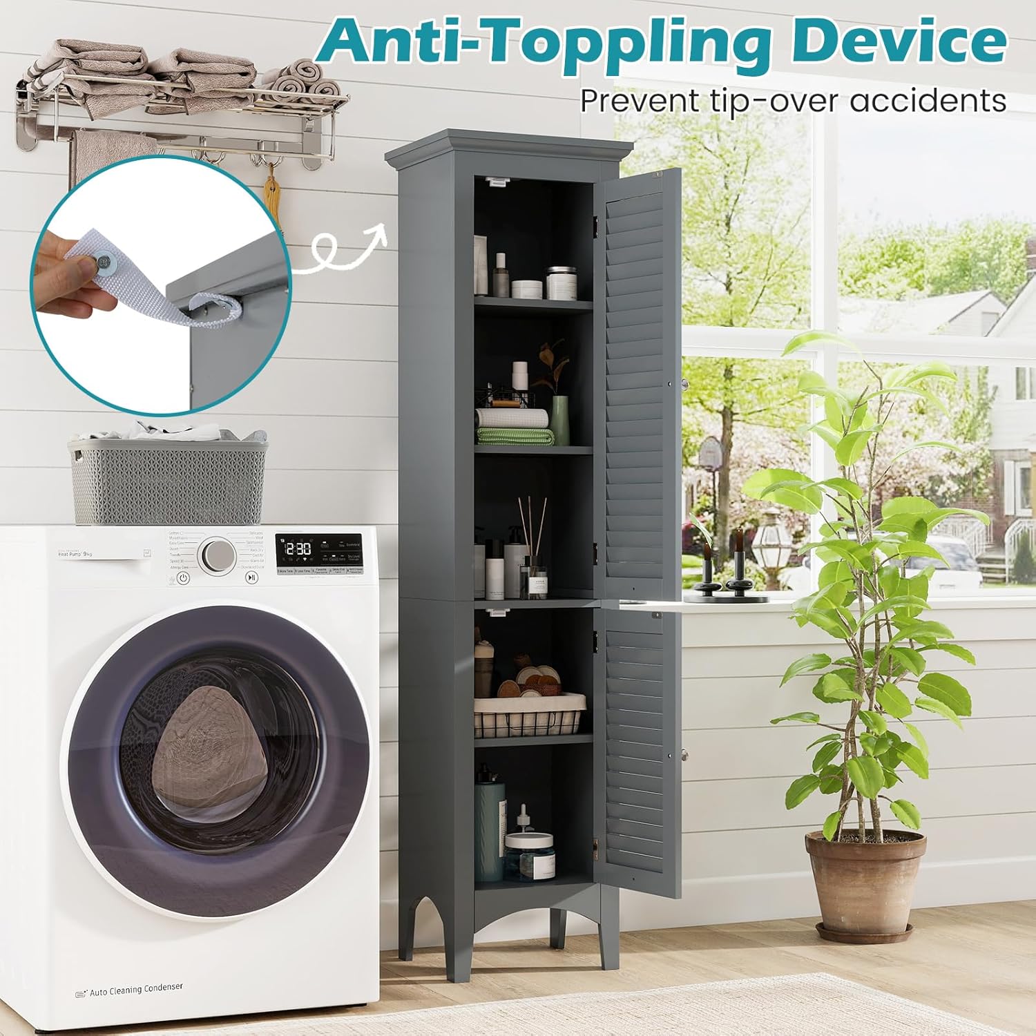 Grey Tall Bathroom Cabinet 5 Tier Double Door Storage