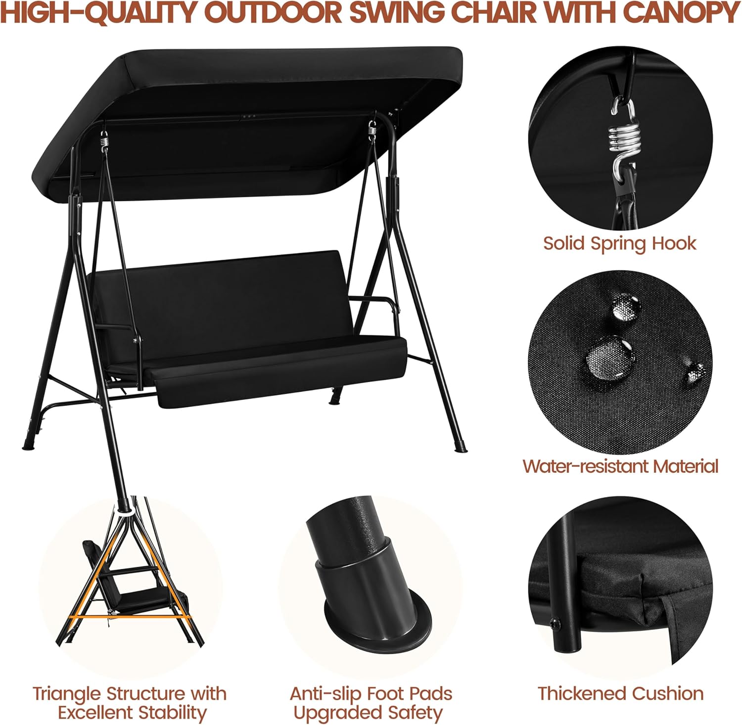 3 Seater Patio Swing Chair Canopy Cushion Black