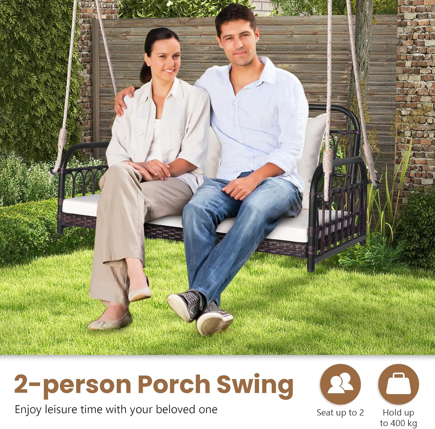 2 Seater Rattan Hanging Swing Bench Cushion Pillows