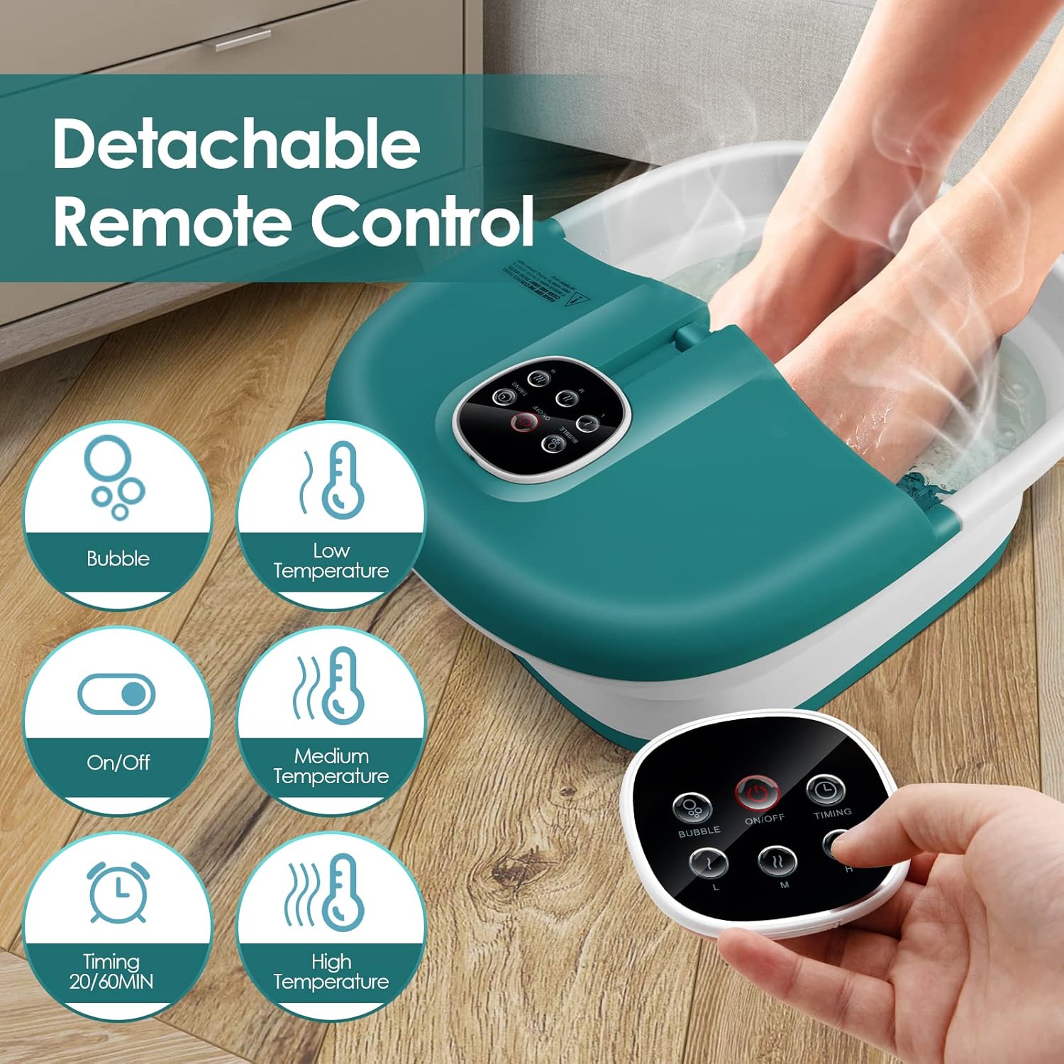 Foot Spa Massager Heat Bubble Folding Foot Bath Temp Control Timer