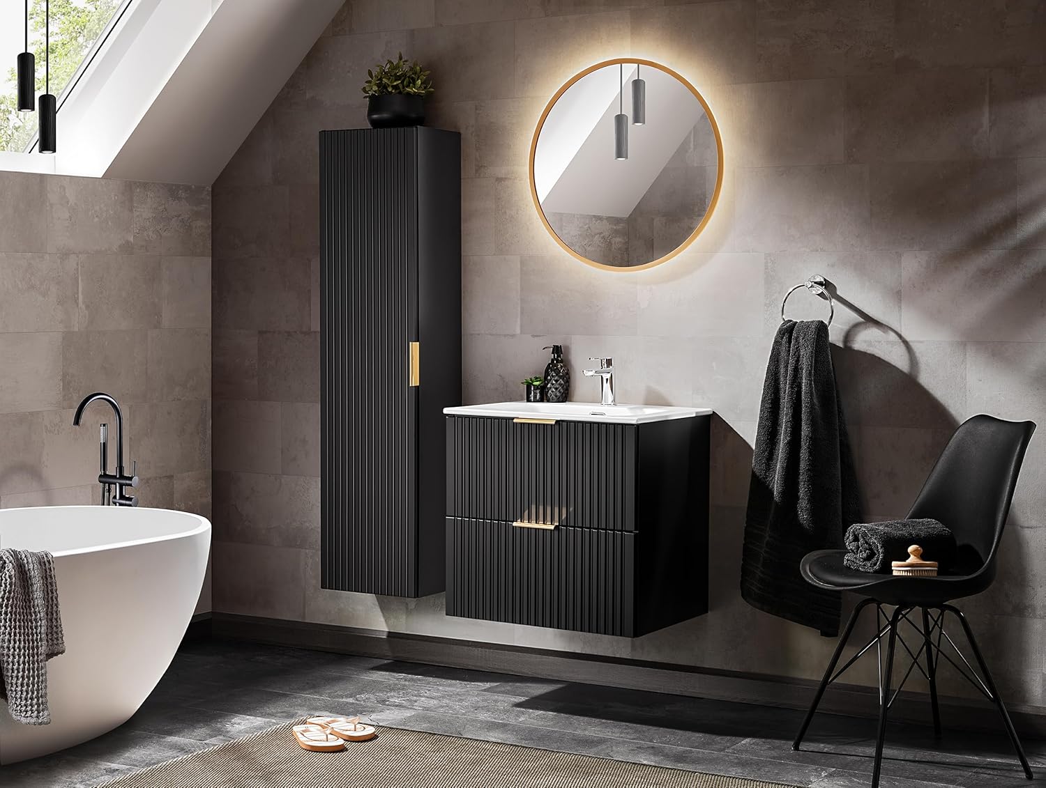 Luxury Wall Hung Tall Bathroom Cabinet Ribbed Black Gold