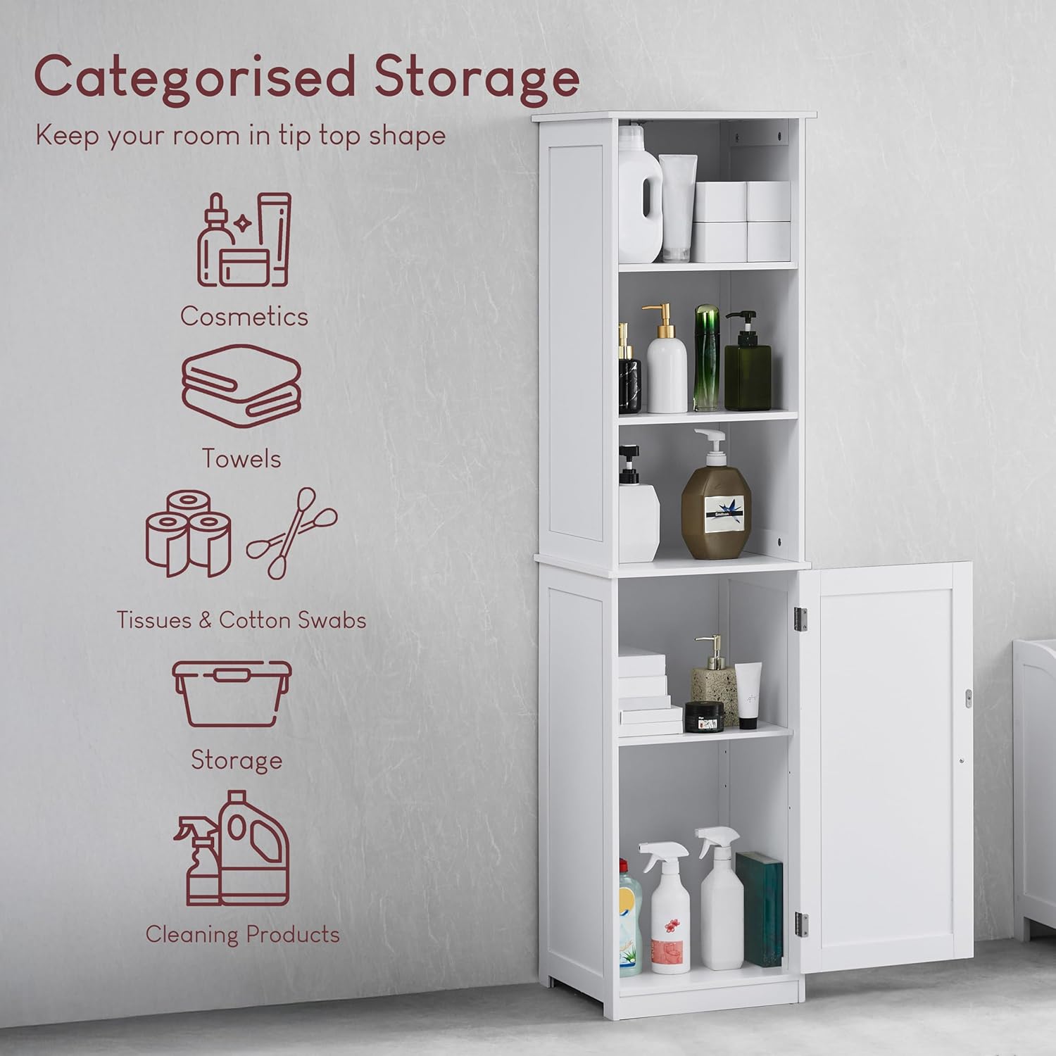 White Bathroom Tall Storage Cabinet Mirror Shelf Cupboard Unit