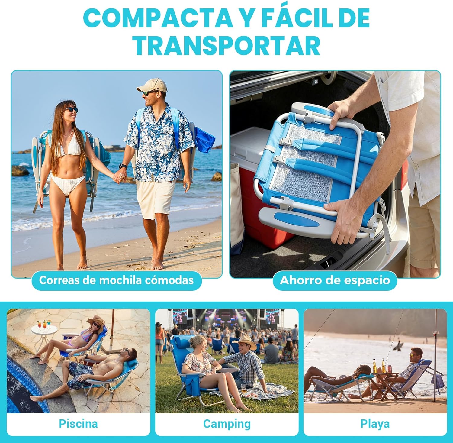 Cyan Pattern Adjustable Beach Chair Folding Reclining Seat