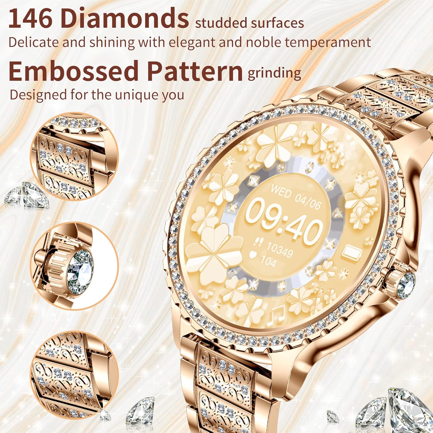 Diamond Womens Smart Watch Bluetooth Call 3 Straps Bling