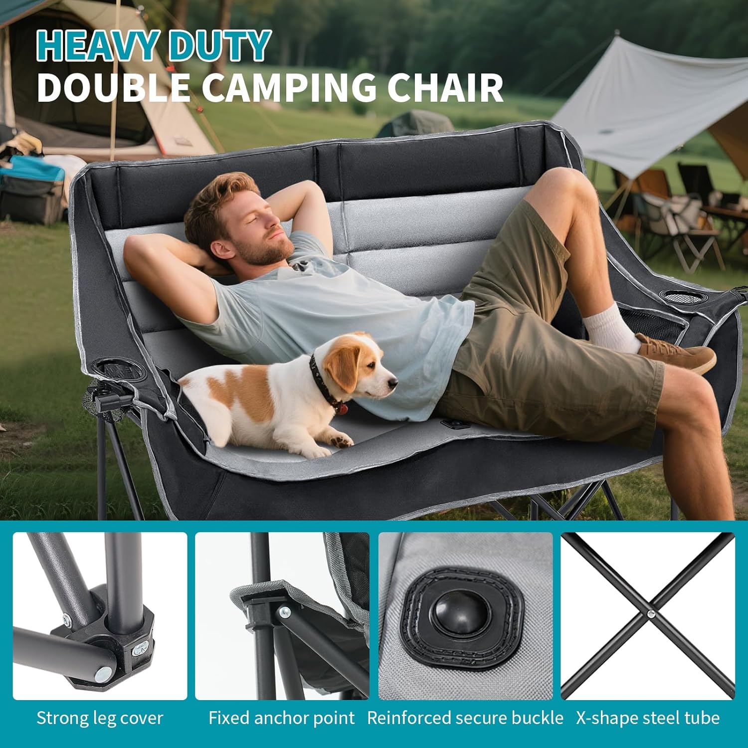 Double Camping Chair 2 Seater Padded Folding Sofa Black