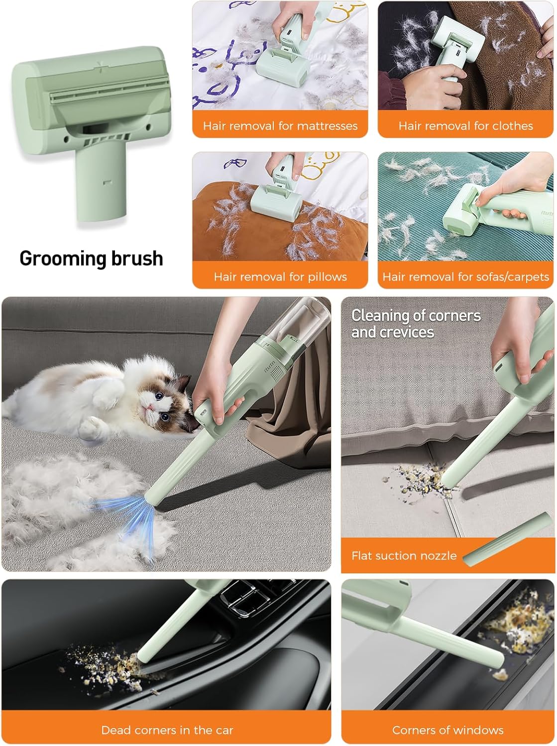 Cordless Pet Grooming Vacuum 10KPa Deshedding Brush Kit Green
