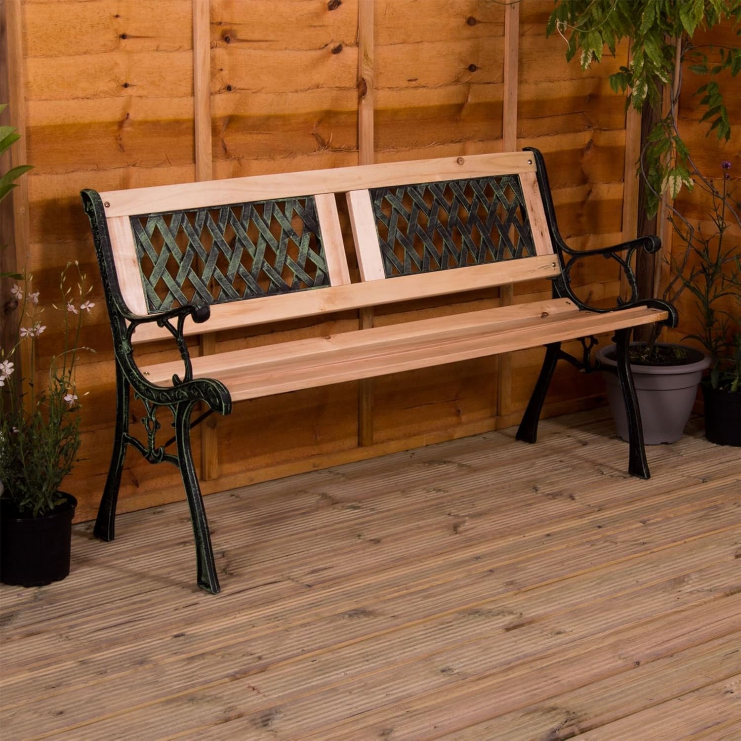 3 Seater Wooden Garden Bench Cast Iron Frame Patio Park Seat