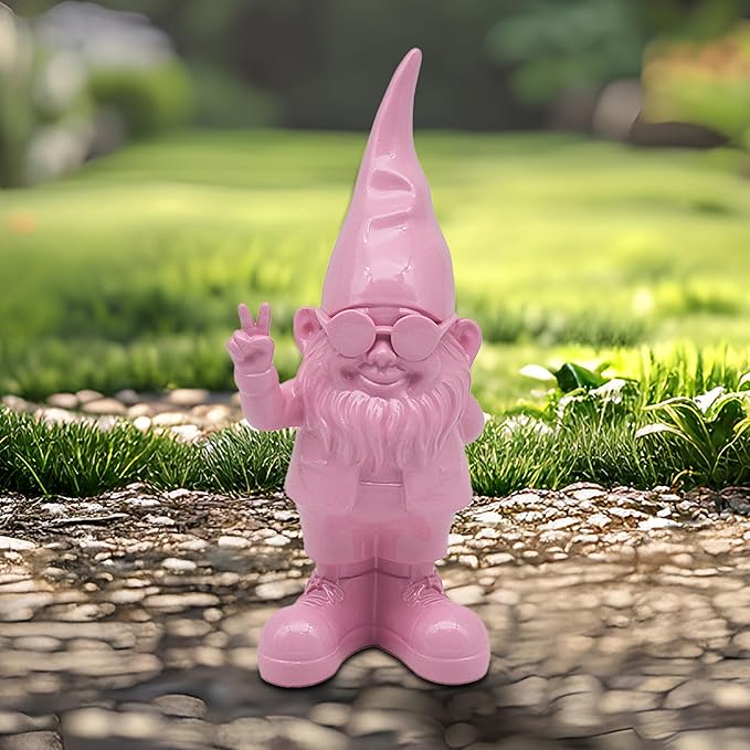 Peace Hand Gnome Statue Pink 20cm Indoor Outdoor Home Decor