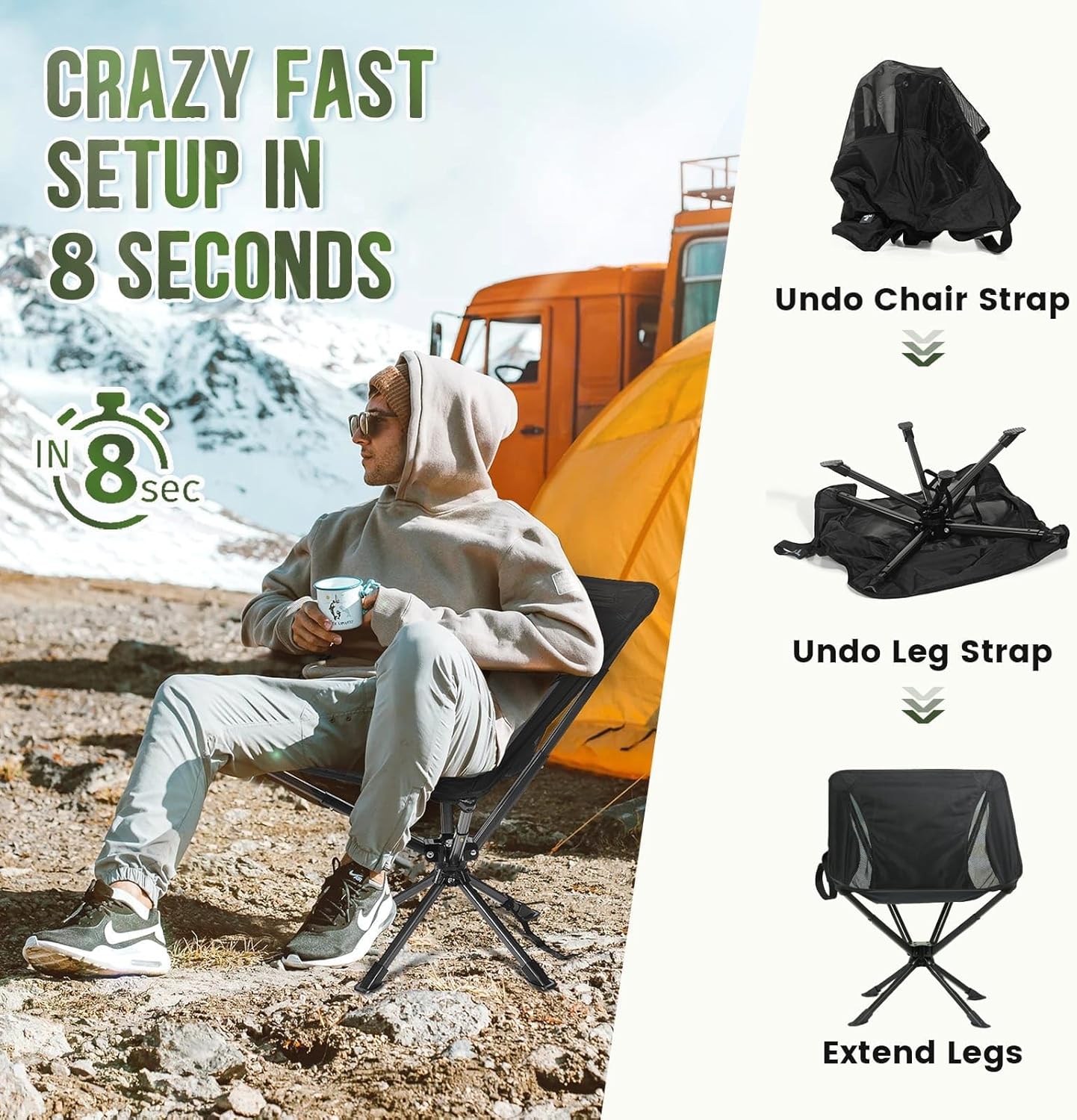 360 Swivel Folding Moon Camping Chair Portable Black