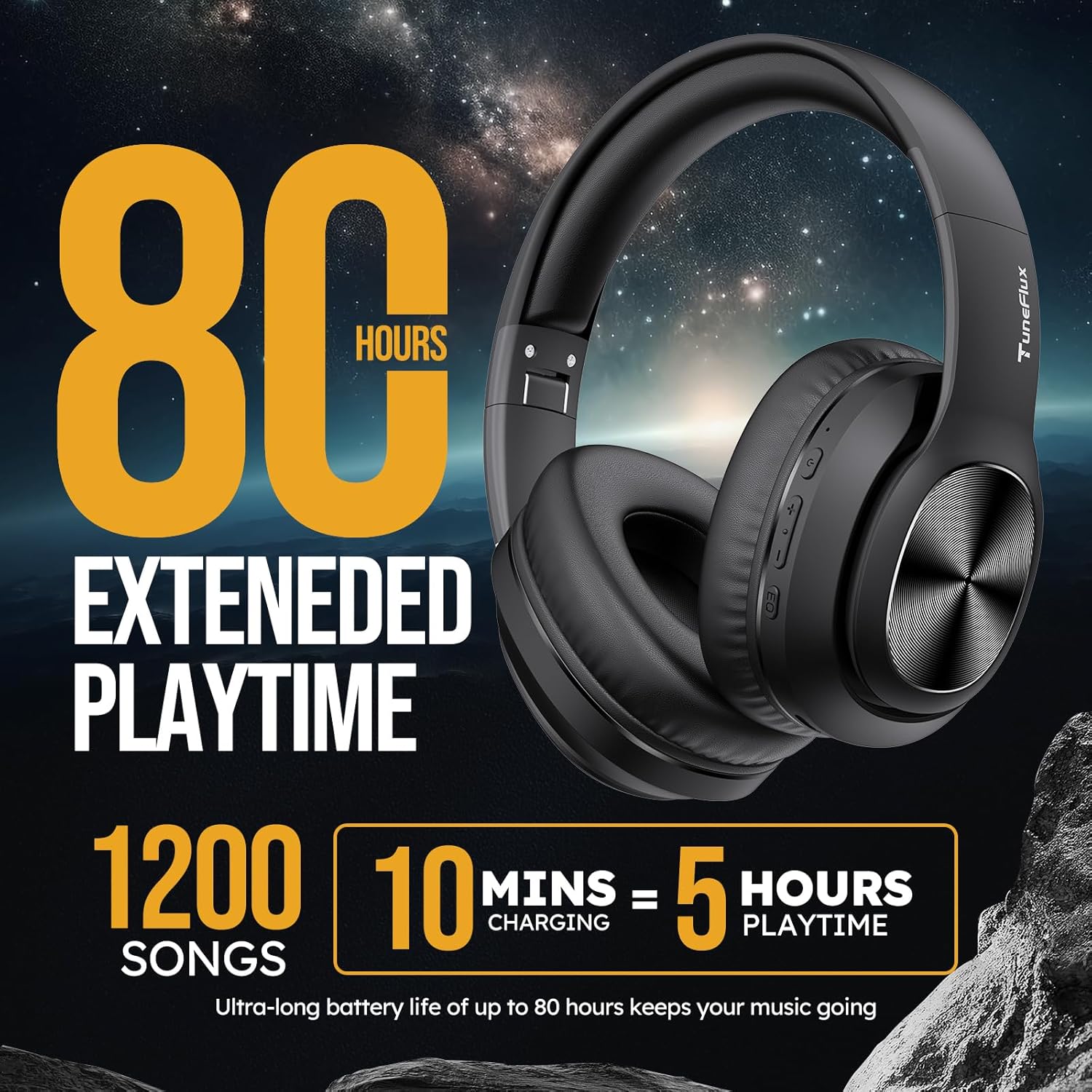 Bluetooth Over Ear Headphones 80H Playtime 3EQ Deep Bass Mic