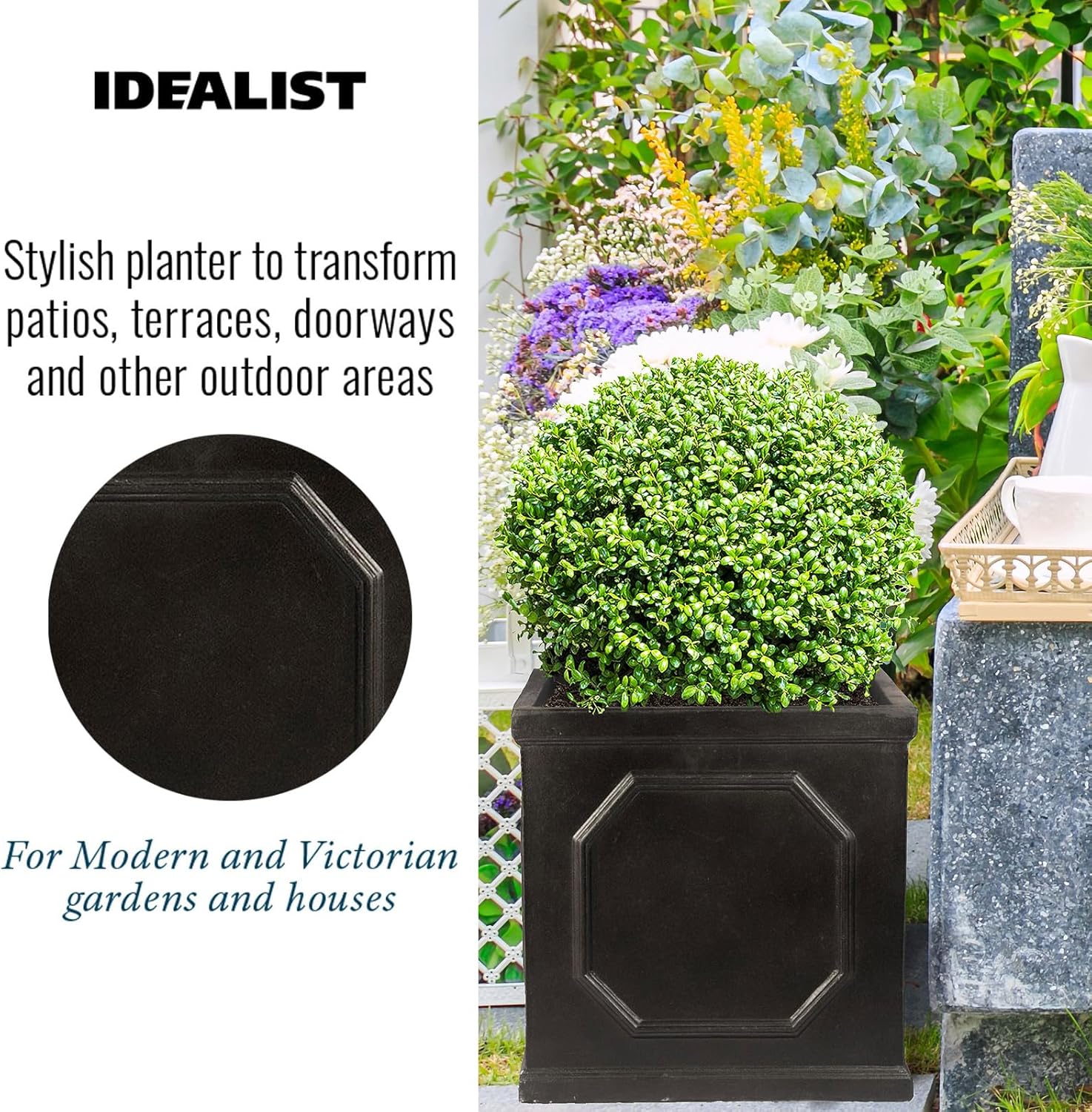 37cm Square Planter Faux Lead Dark Grey Garden Pot Drainage