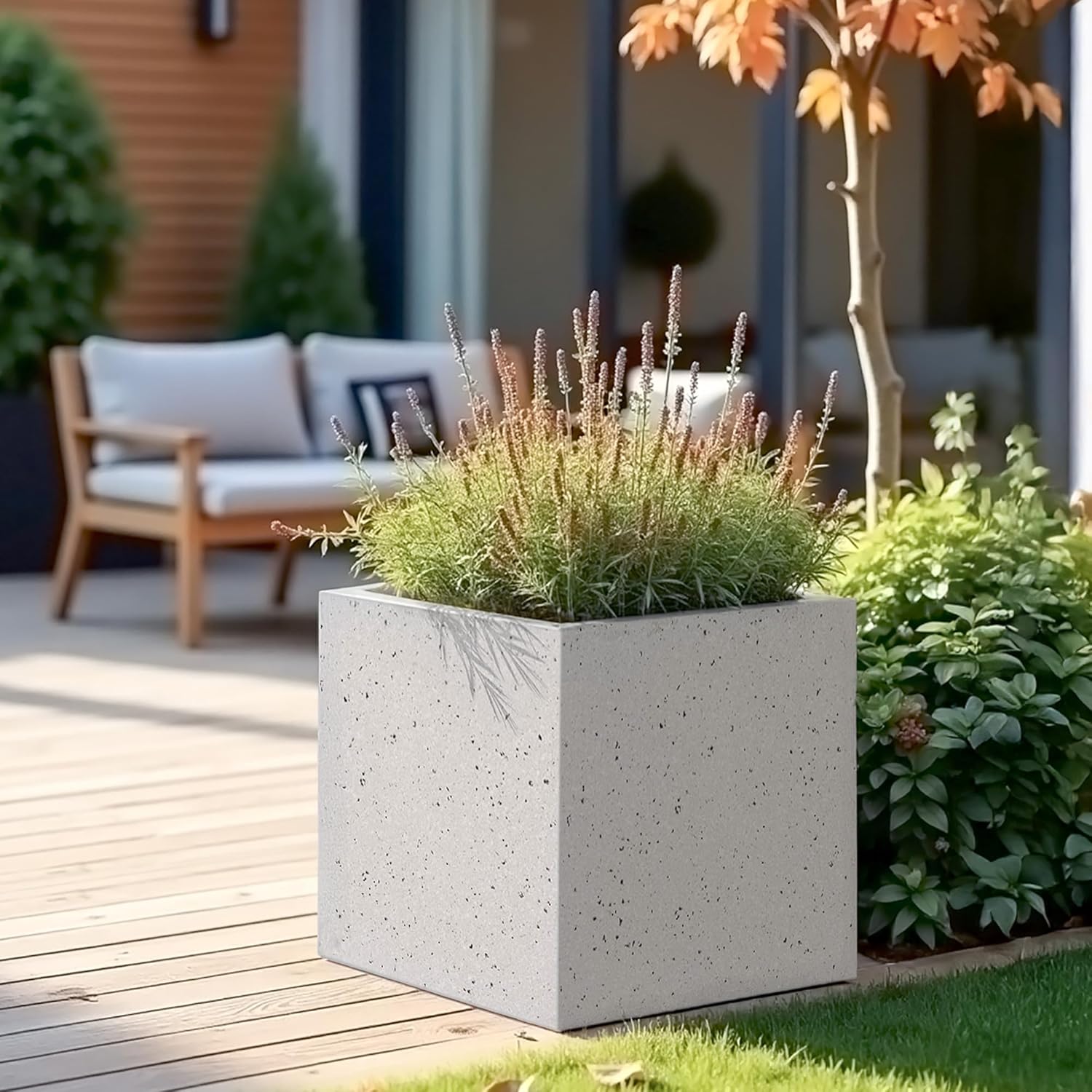 Large Square Garden Planter 40cm Stone Effect Pot Grey Drainage