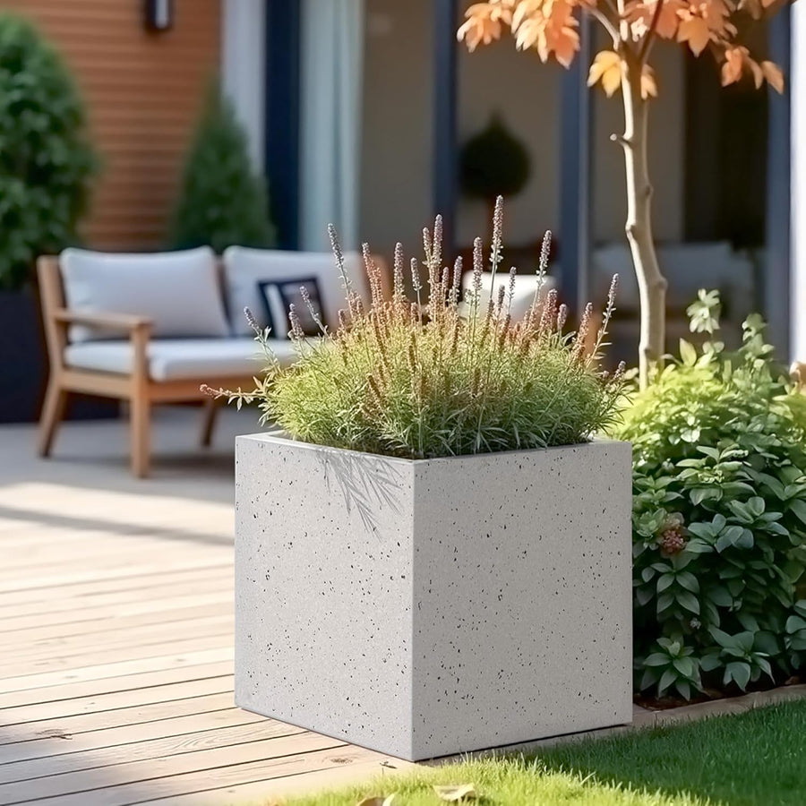 Large Square Garden Planter 40cm Stone Effect Pot Grey Drainage
